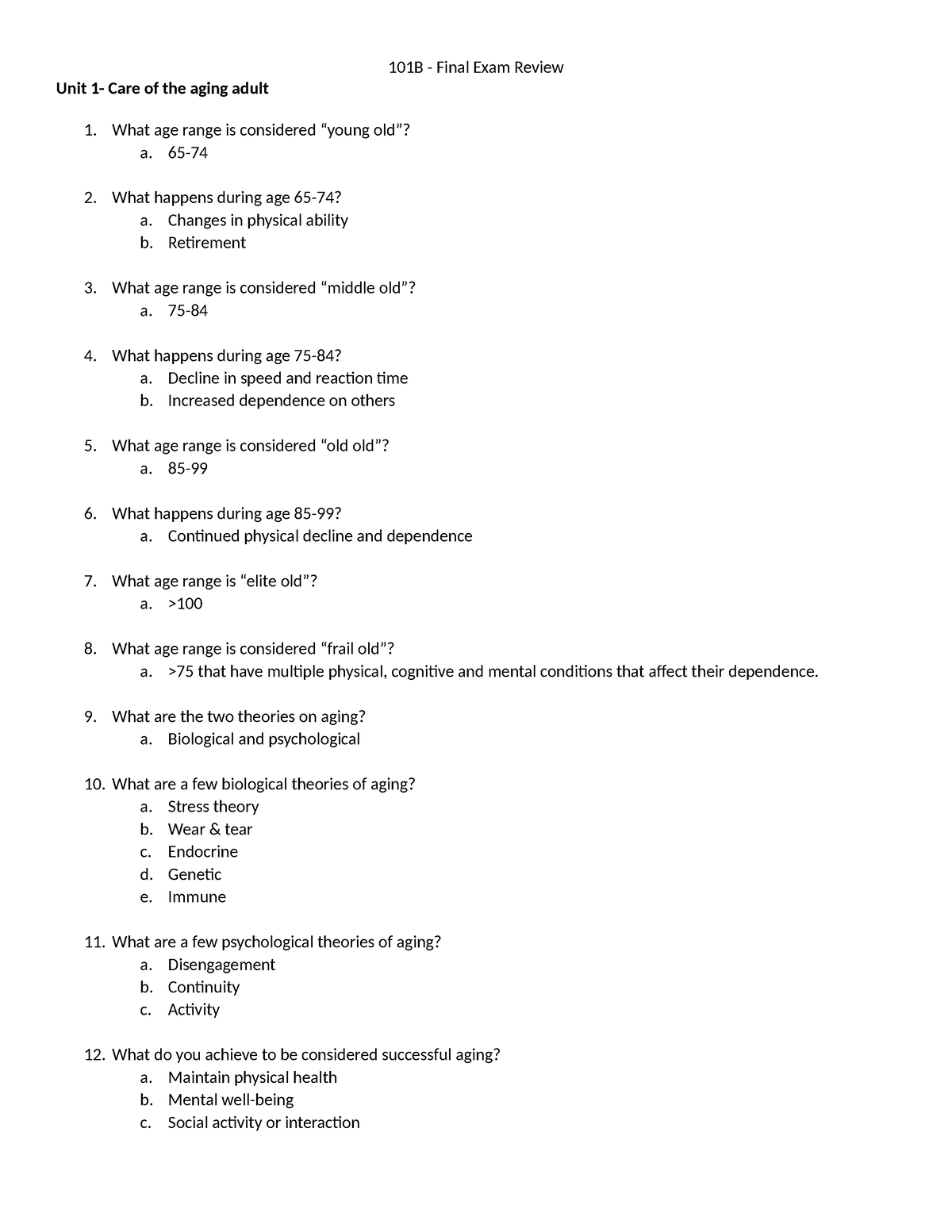 101B Final Exam Review - Notes - 101B - Final Exam Review Unit 1- Care ...