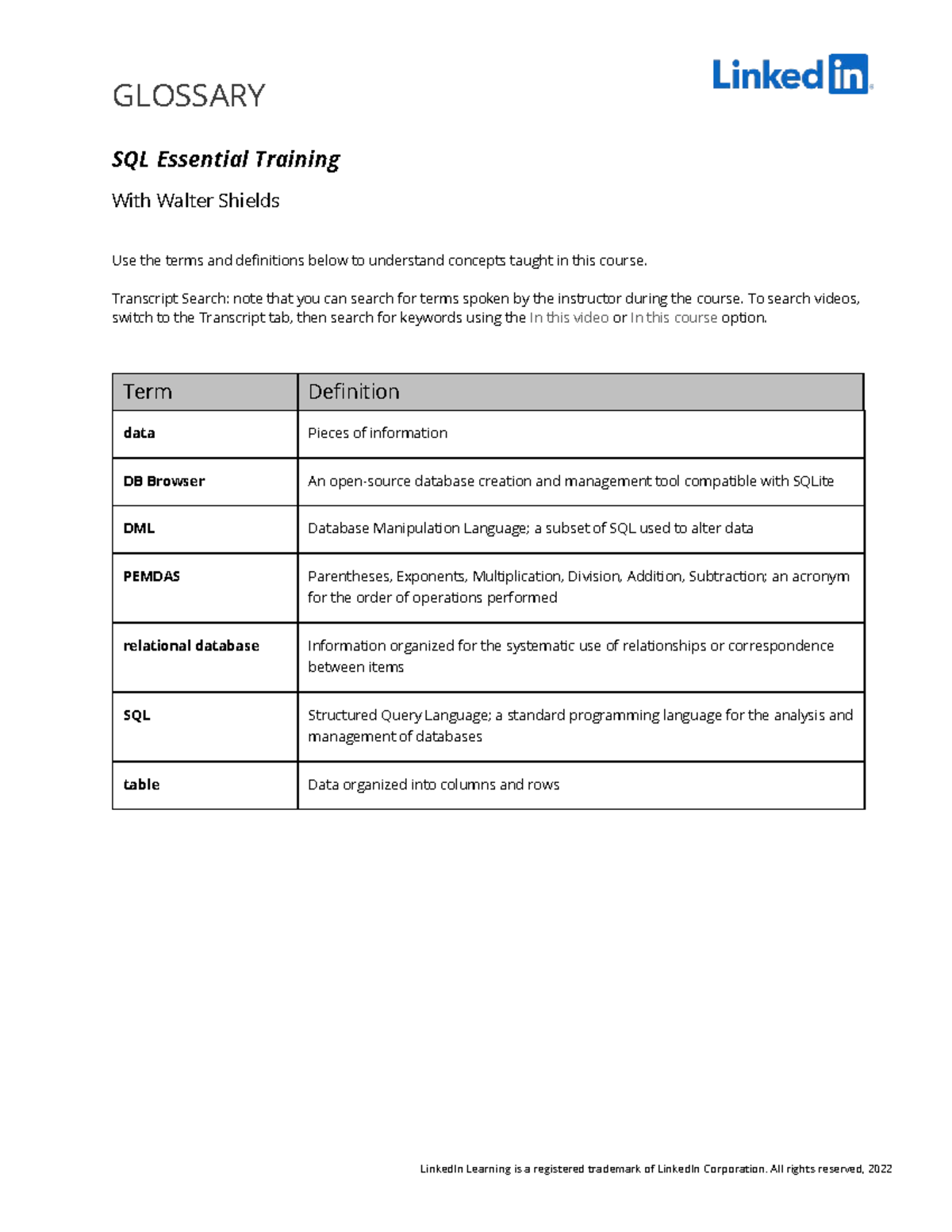 Glossary SQL Essential Training - LinkedIn Learning is a registered ...