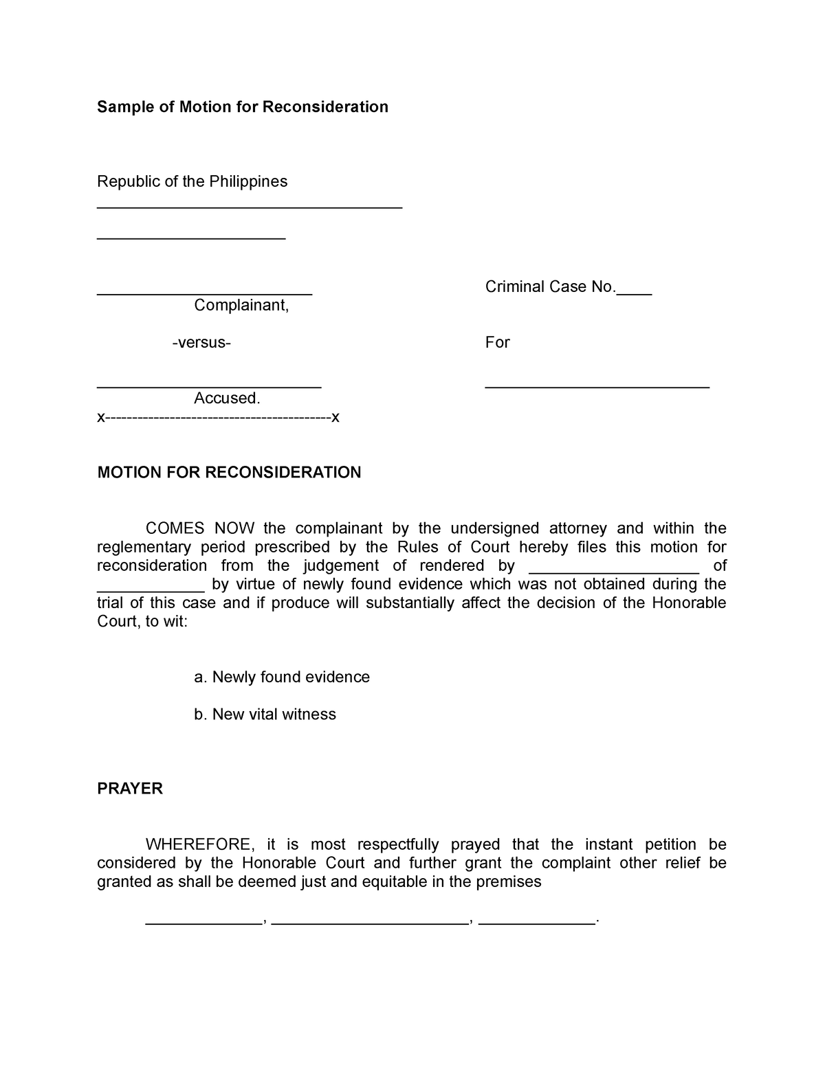 Motion For Reconsideration Sample Form Philippines