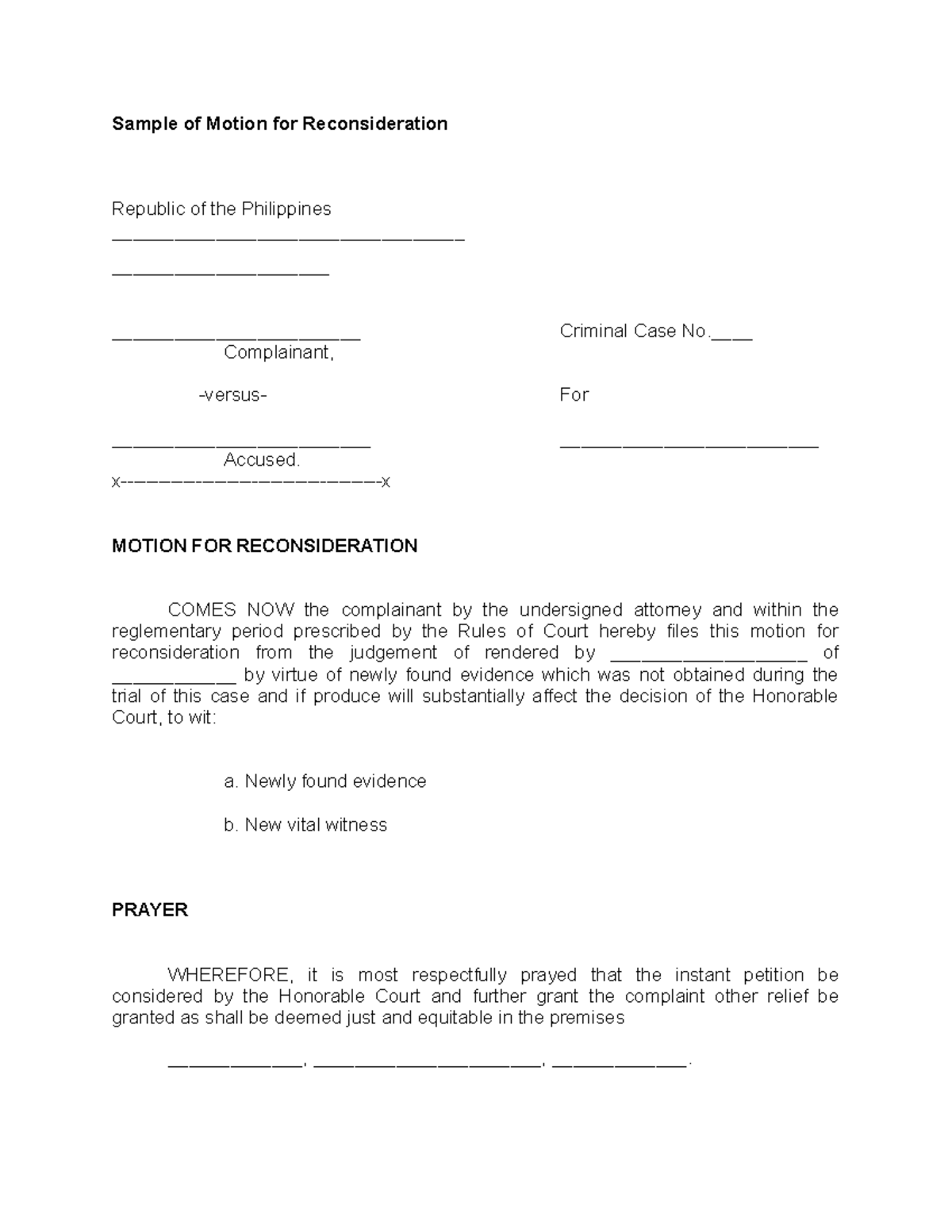 Sample of Motion for Reconsideration Sample of Motion for