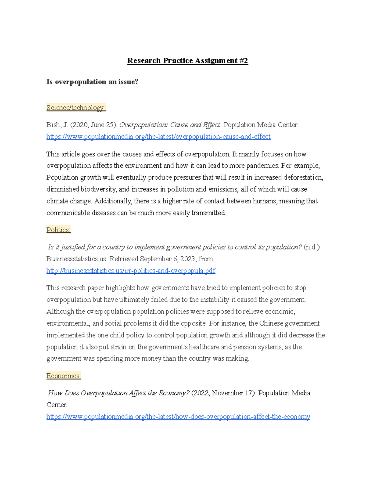 Research Practice Assignment #2 - (2020, June 25). Overpopulation ...