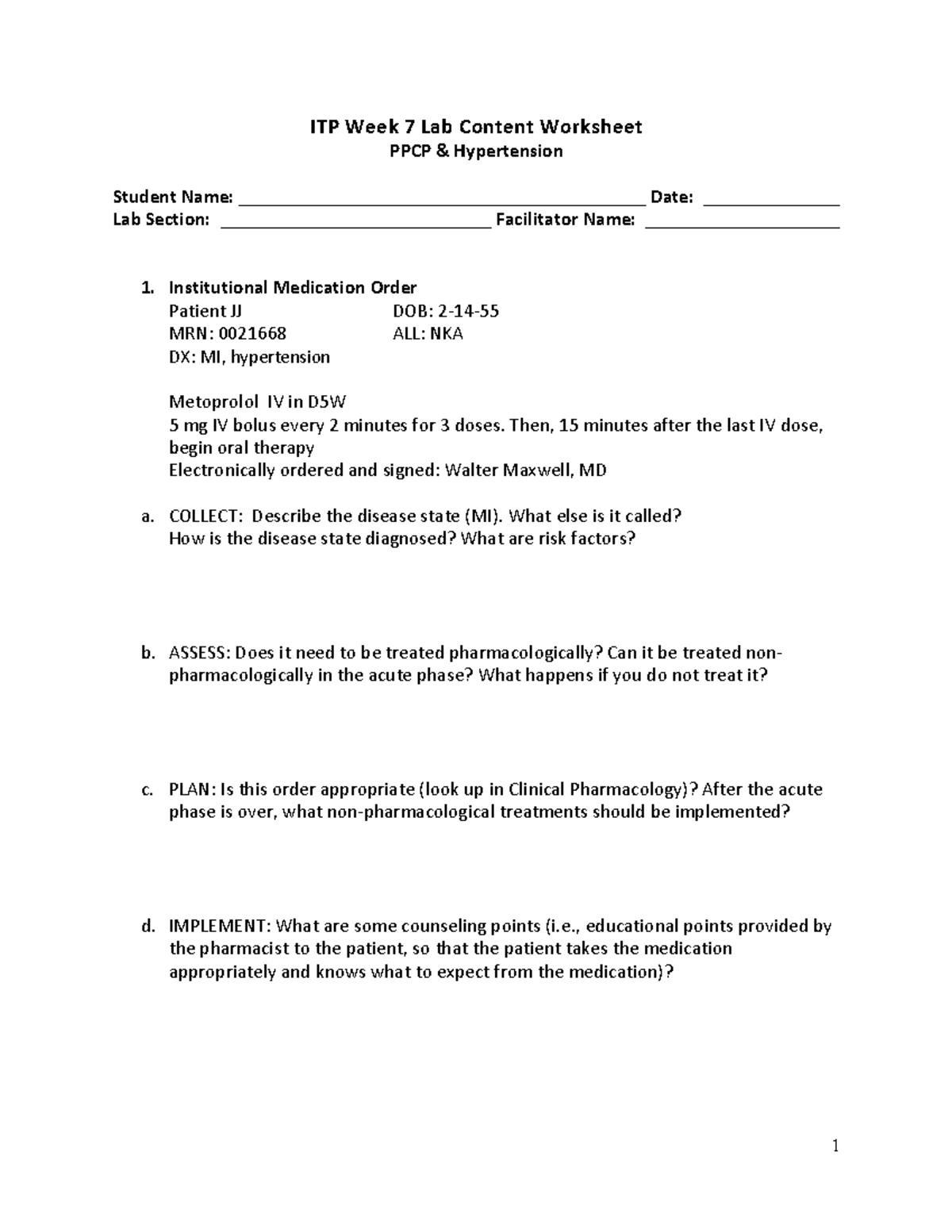PPCP and Hypertention, Lab Content Worksheet, ITP Wk 7, 2022 - ITP Week ...