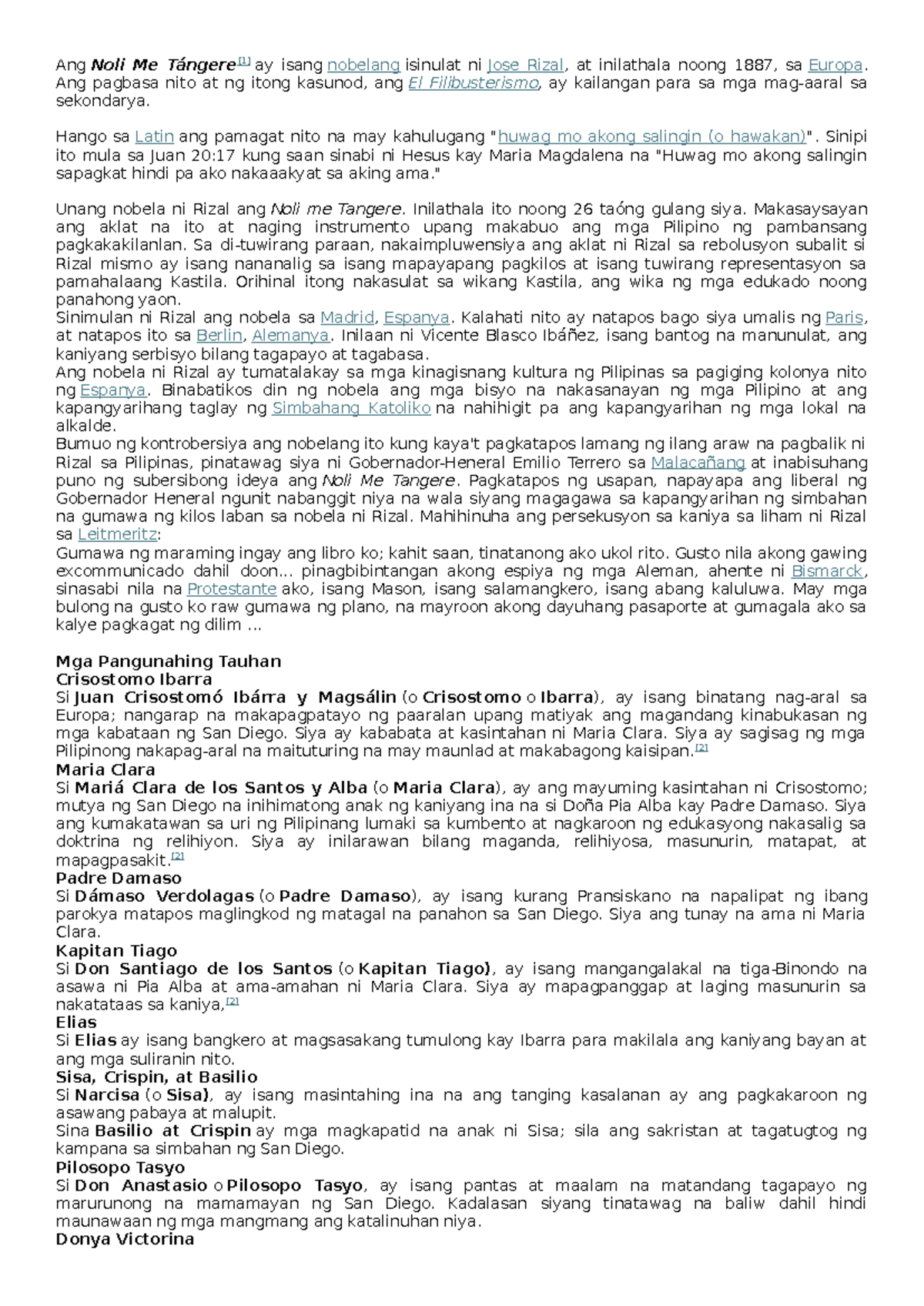 BUOD Tauhan NG NOLI - RIZAL LIFE AND WORKS - Ang Noli Me Tángere[1] Ay ...