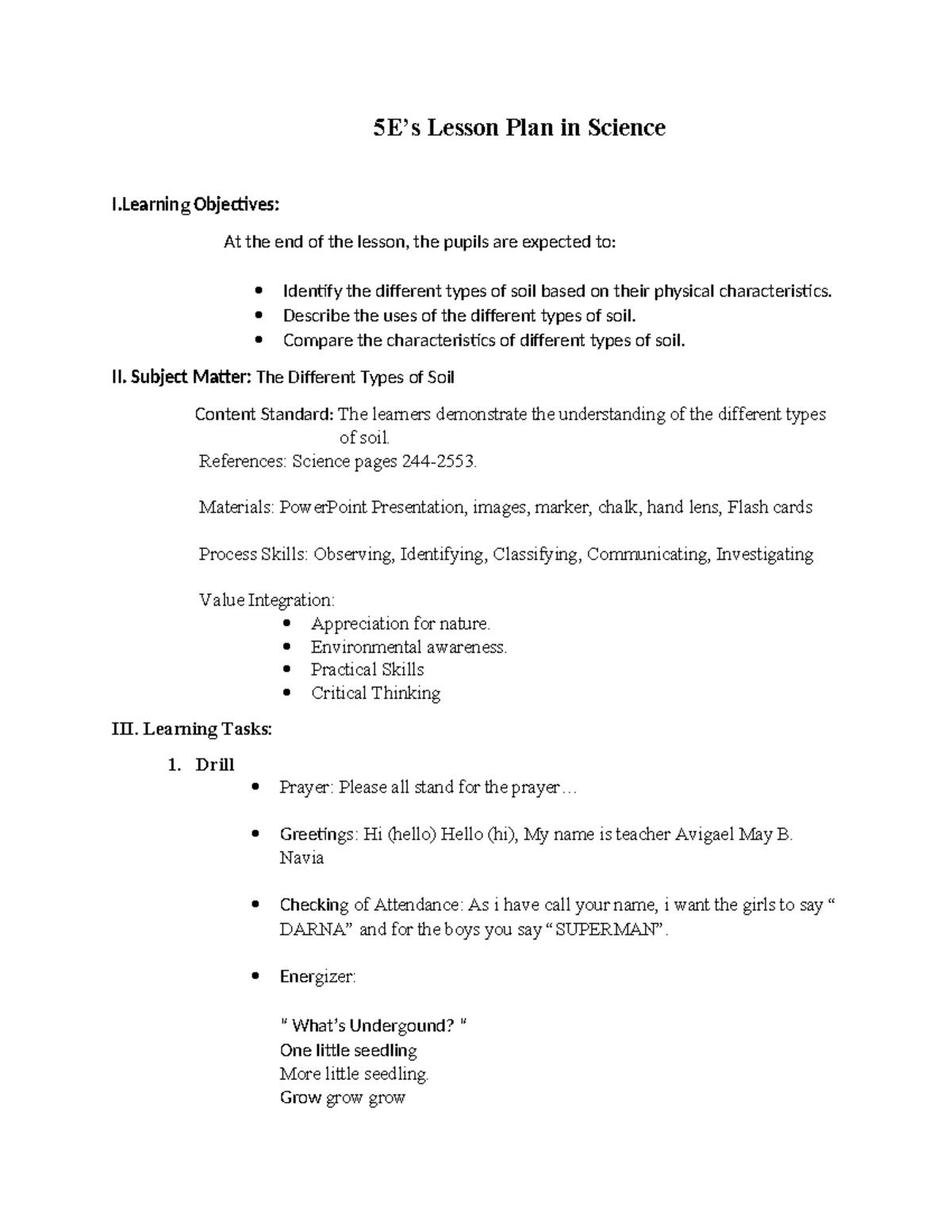 5e S Lesson Plan 5e S Lesson Plan In Science I Objectives At The End