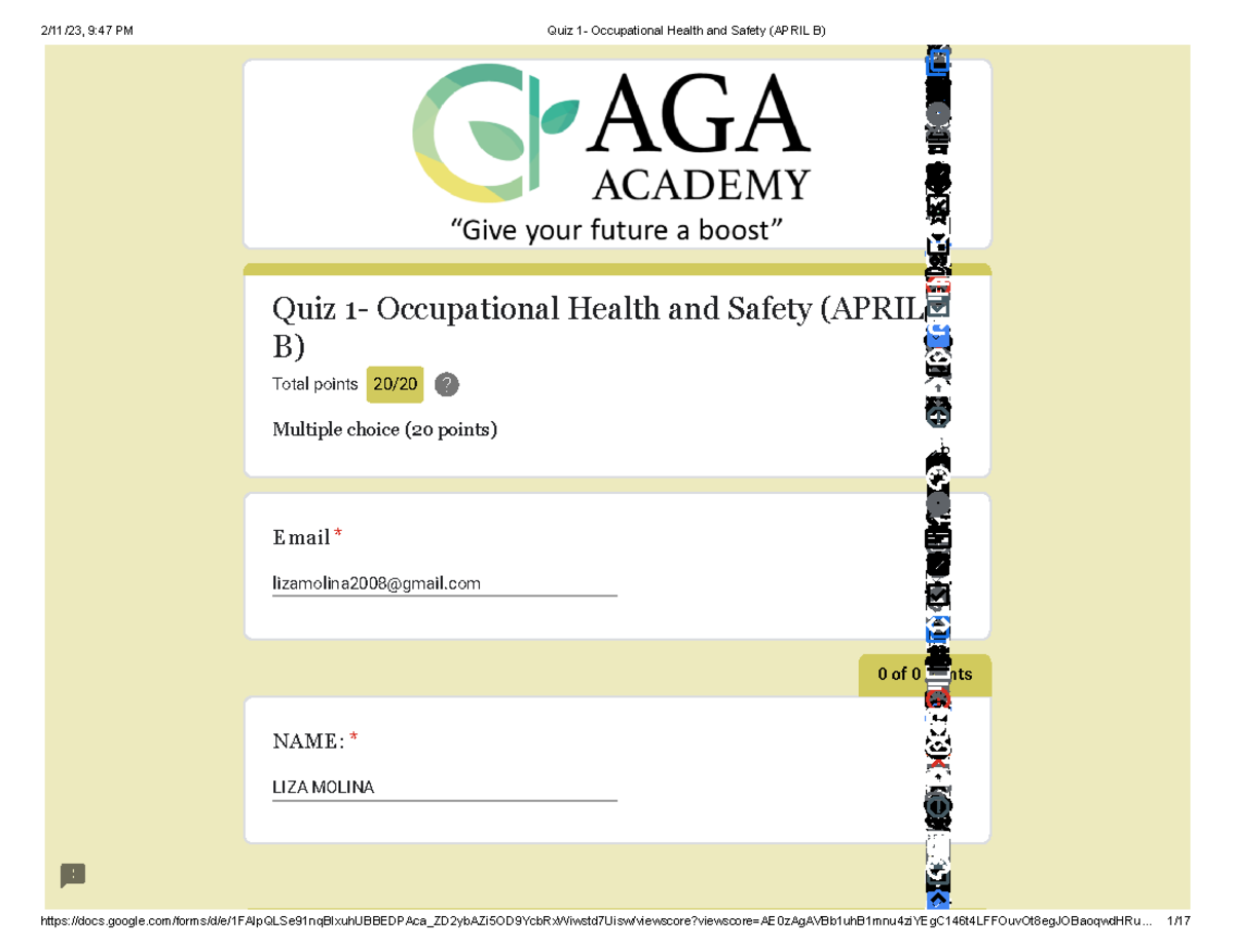 Quiz 1- Occupational Health And Safety ( April B) - B2110A - Studocu