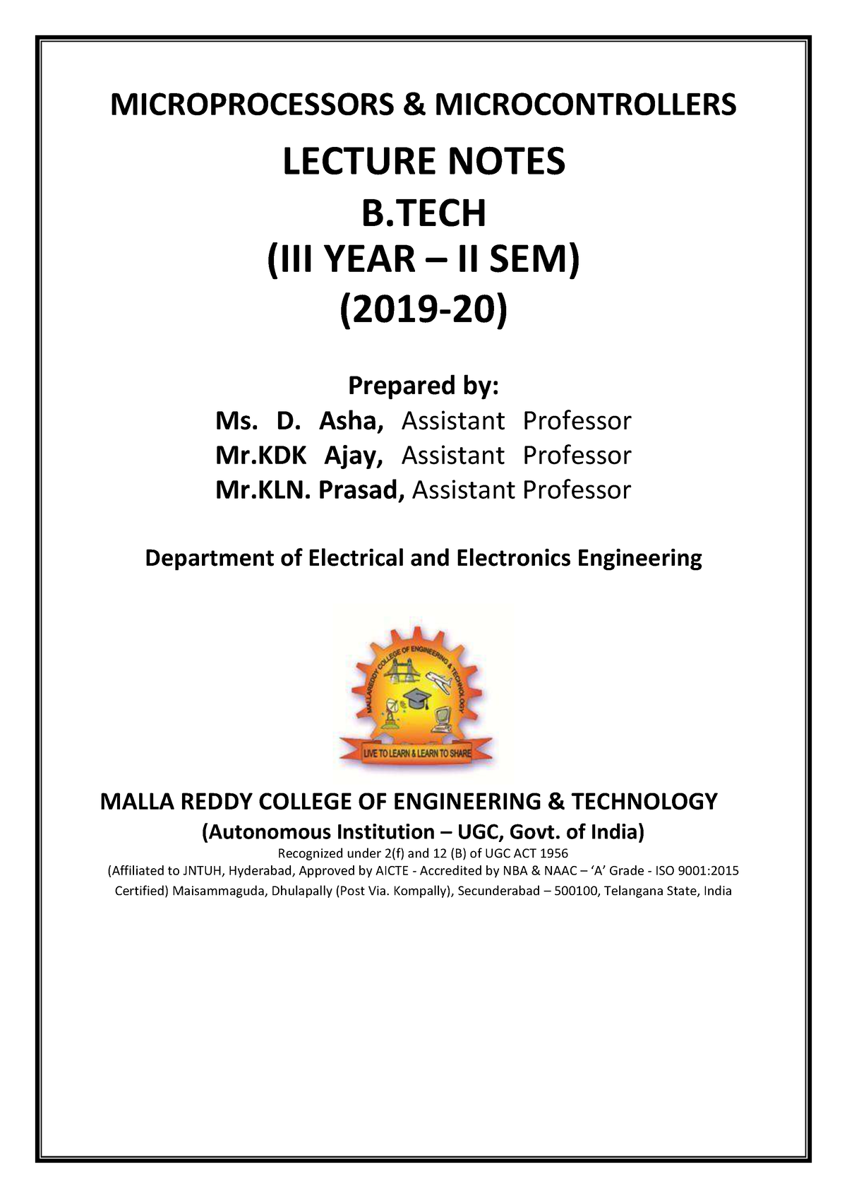 MPMC Digital Notes - MICROPROCESSORS & MICROCONTROLLERS LECTURE NOTES B ...