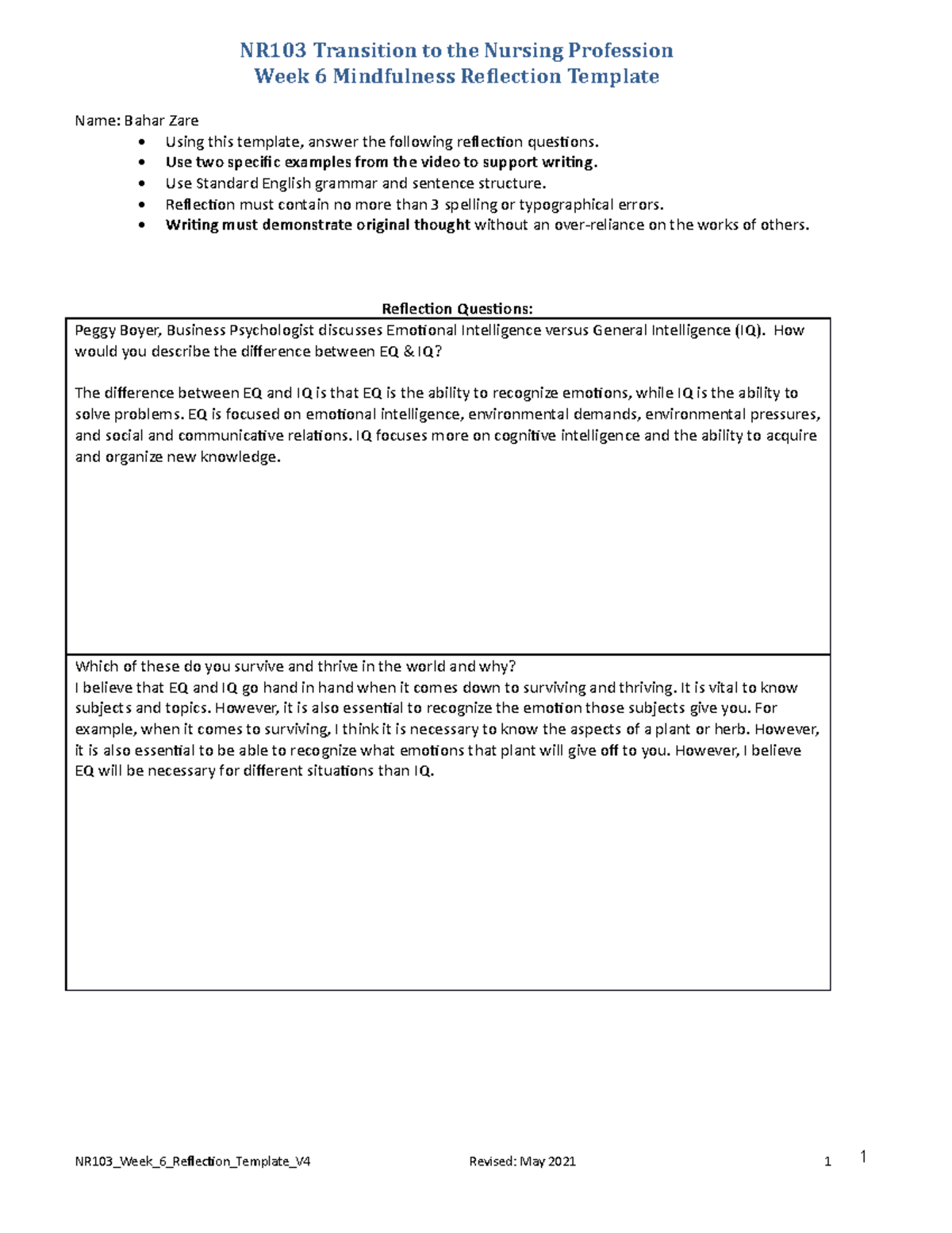 WK+6+ Reflection+ - NR103 Transition to the Nursing Profession Week 6 ...