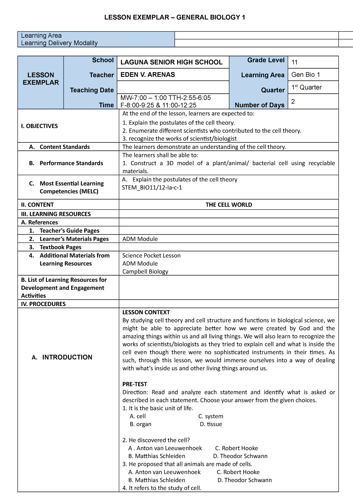 1. CELL Theory LE - Lesson Exemplar - LESSON EXEMPLAR – GENERAL BIOLOGY ...