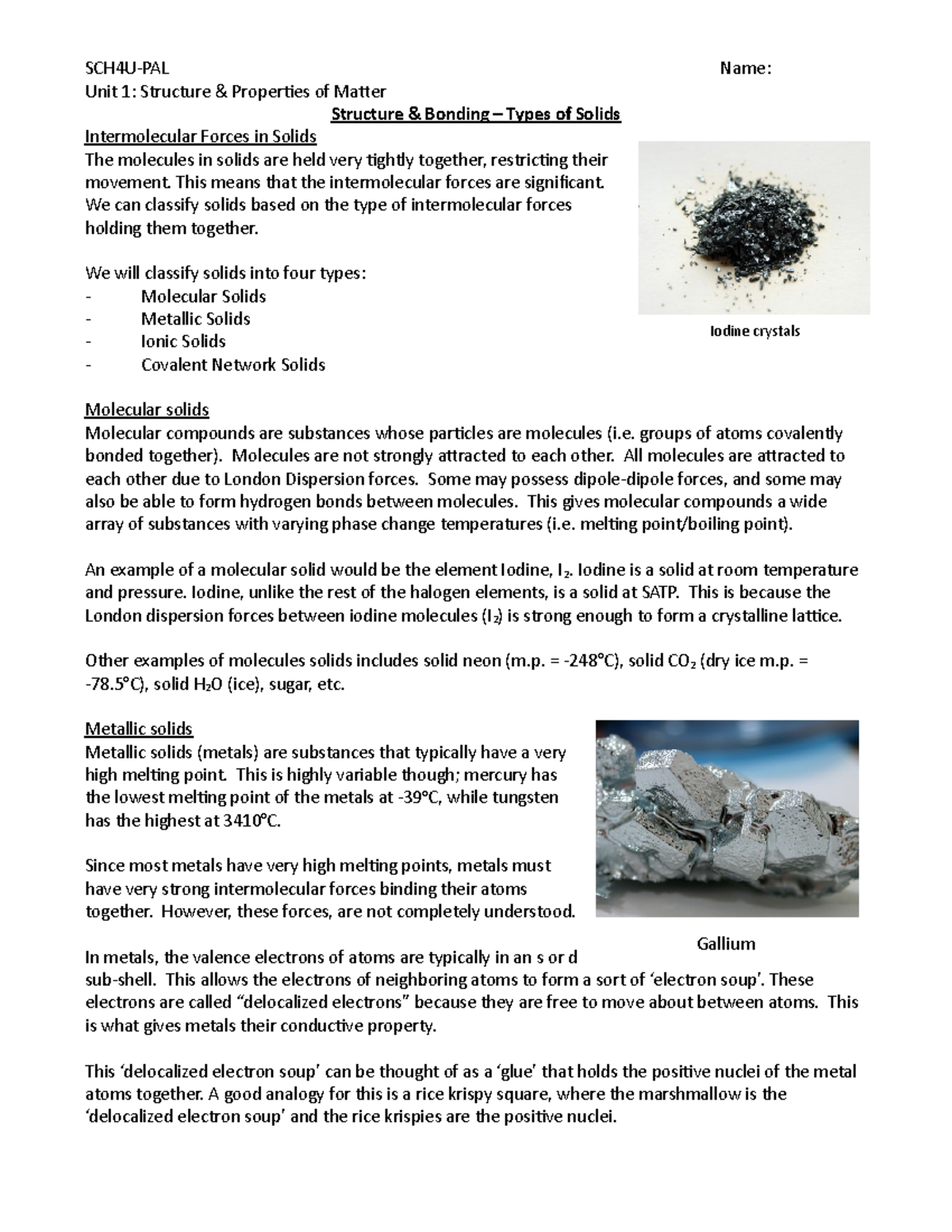 8. Types of Solids - bbbbbbbbbbbb - SCH4U-PAL Name: Unit 1: Structure ...