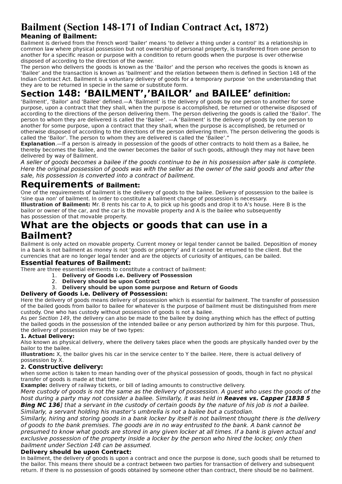 Bailment Sec Bailment Section Of Indian Contract Act Meaning Of