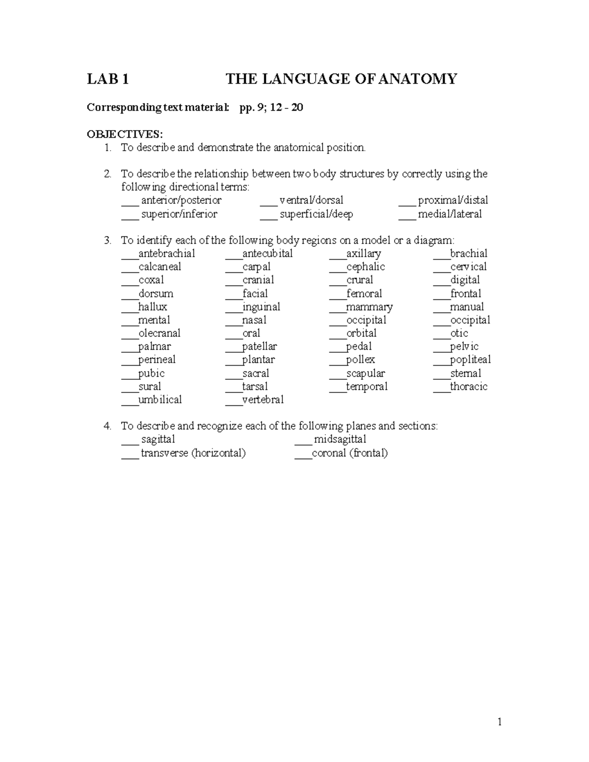 BIO 267 Lab Exercises Dr Sampson LAB 1 THE LANGUAGE OF ANATOMY Corresponding Text Material