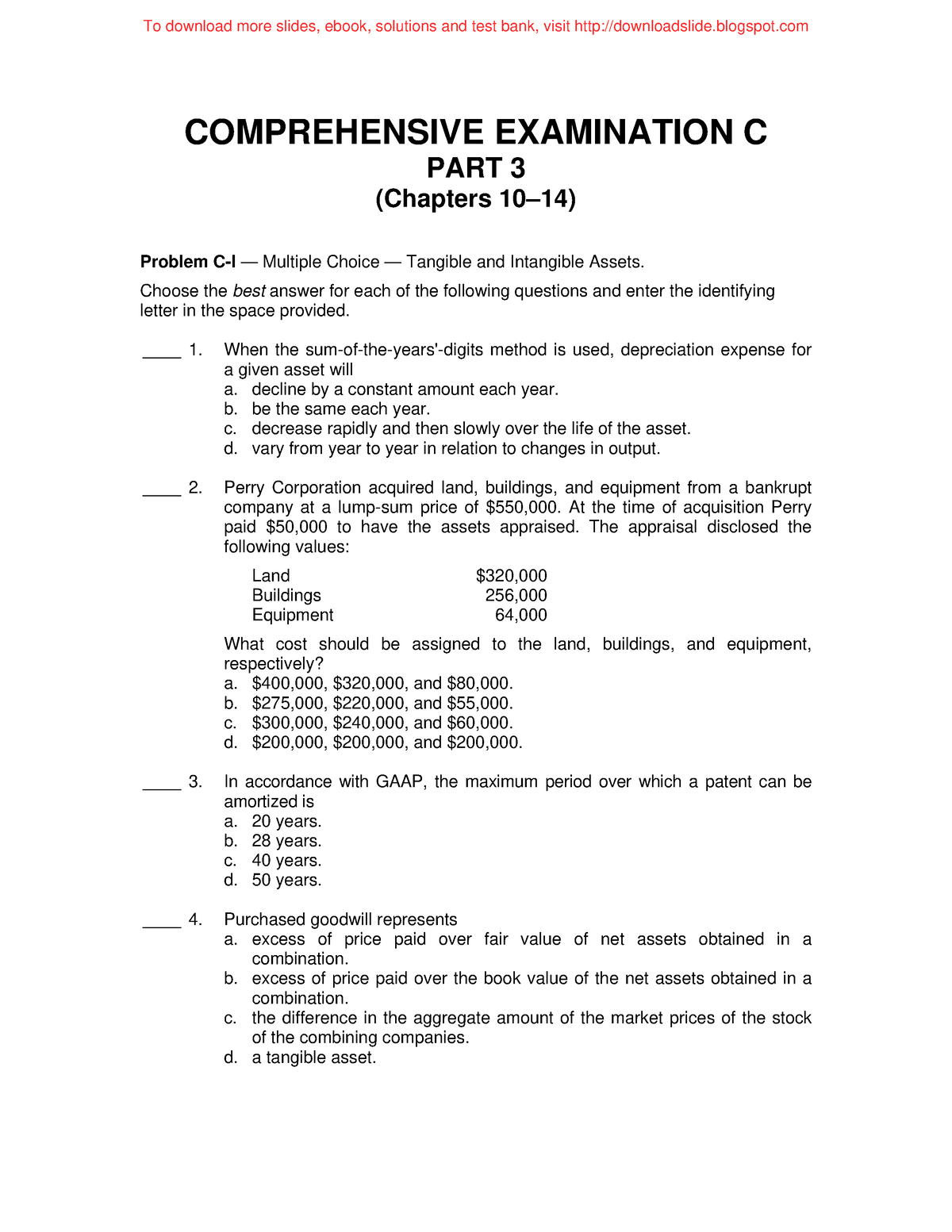 Comprehensive Exam C - COMPREHENSIVE EXAMINATION C PART 3 (Chapters 10 ...