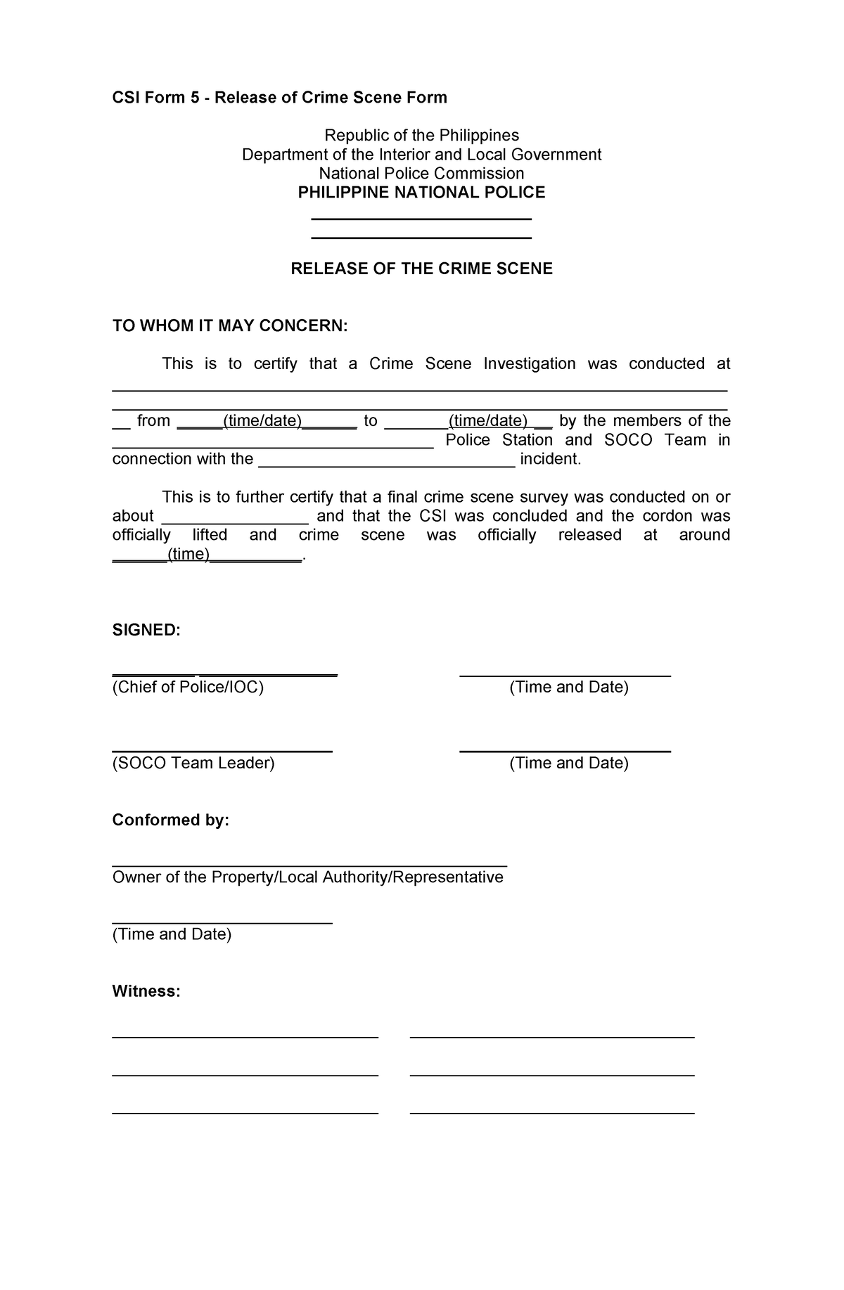 Csi Form 5 Release Of Crime Scene Form - Csi Form 5 - Release Of Crime 