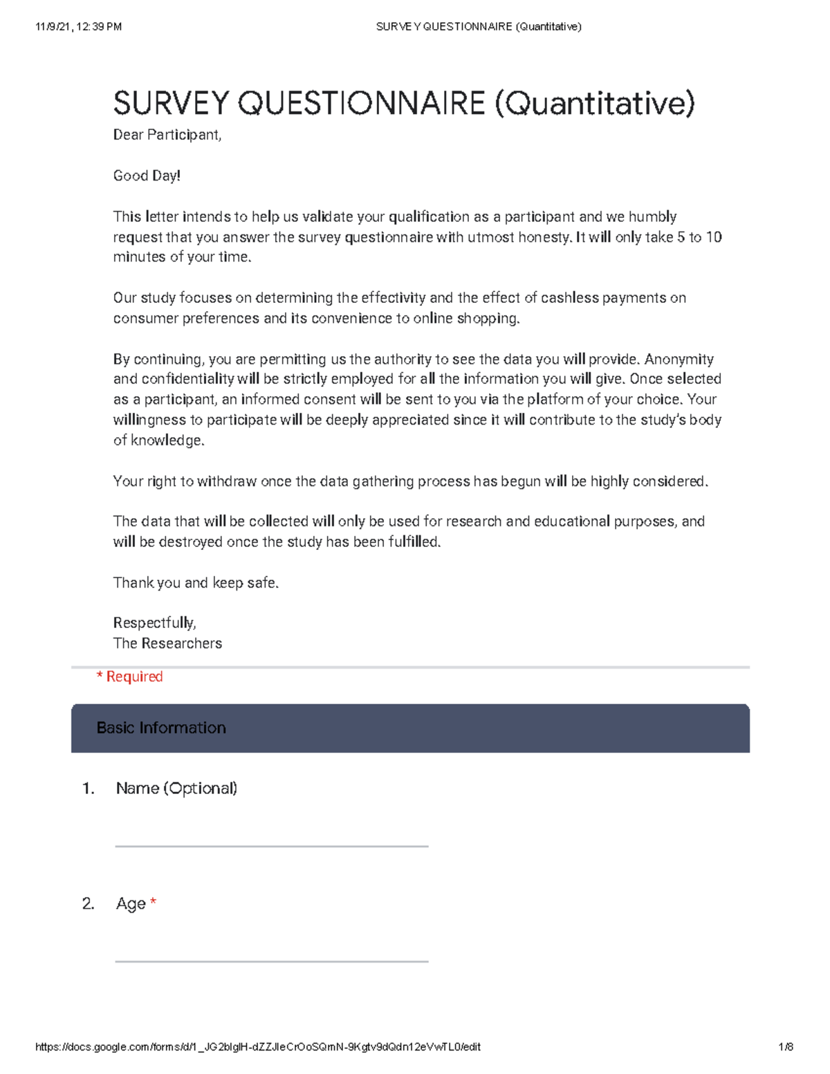 Survey Questionnaire Quantitative Google Forms Basic Information 1 2 
