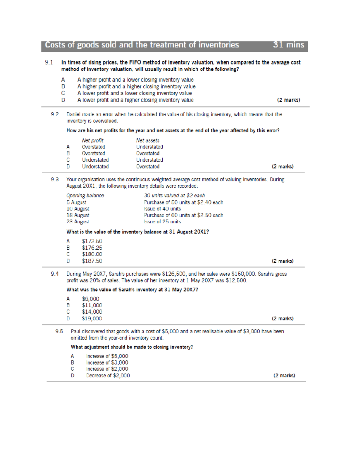 Closing Inventory Questions Association of Chartered Certified