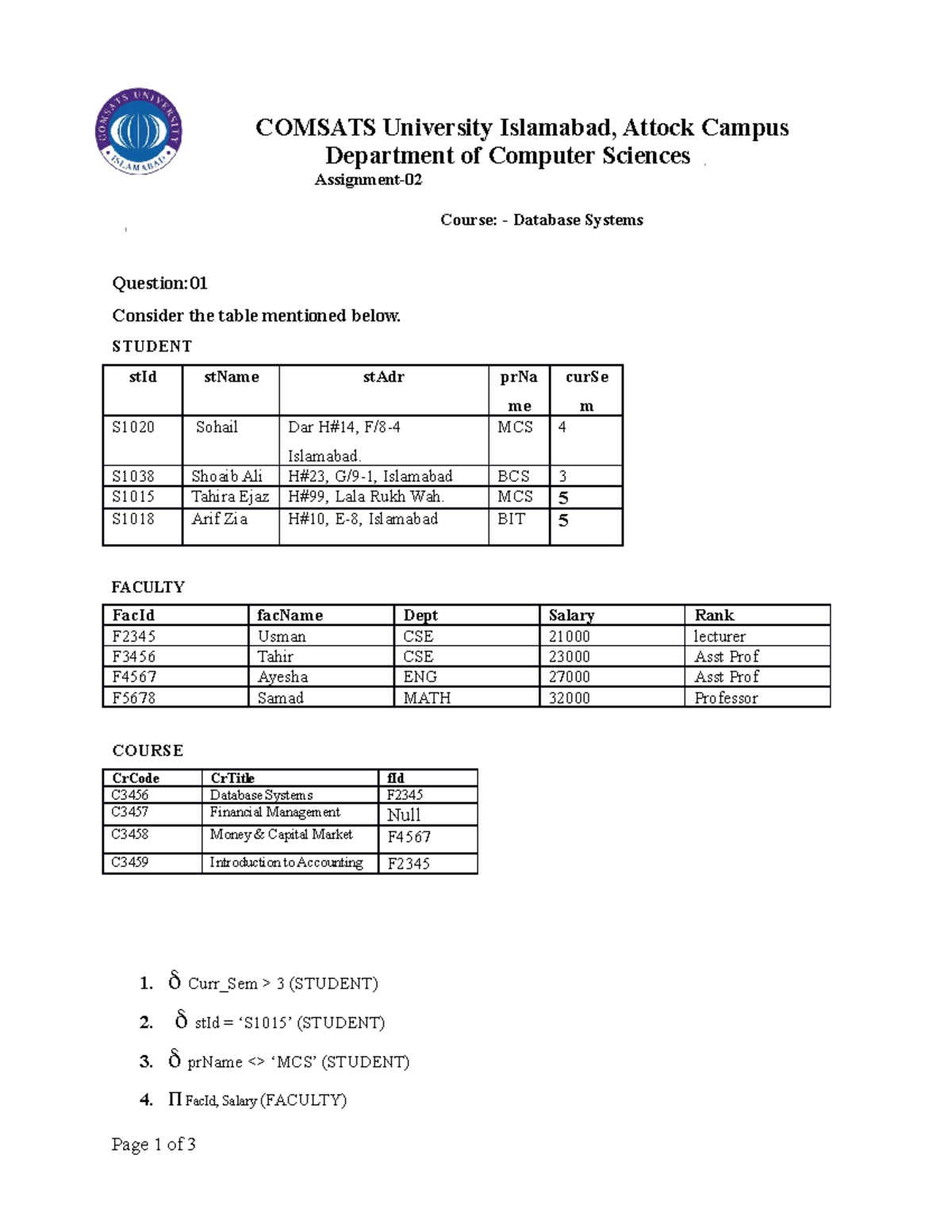 Assignment 2 Db 2 Database Comsats University Islamabad Attock Assignment 2 Db 2 Database Comsats University Islamabad Attock
