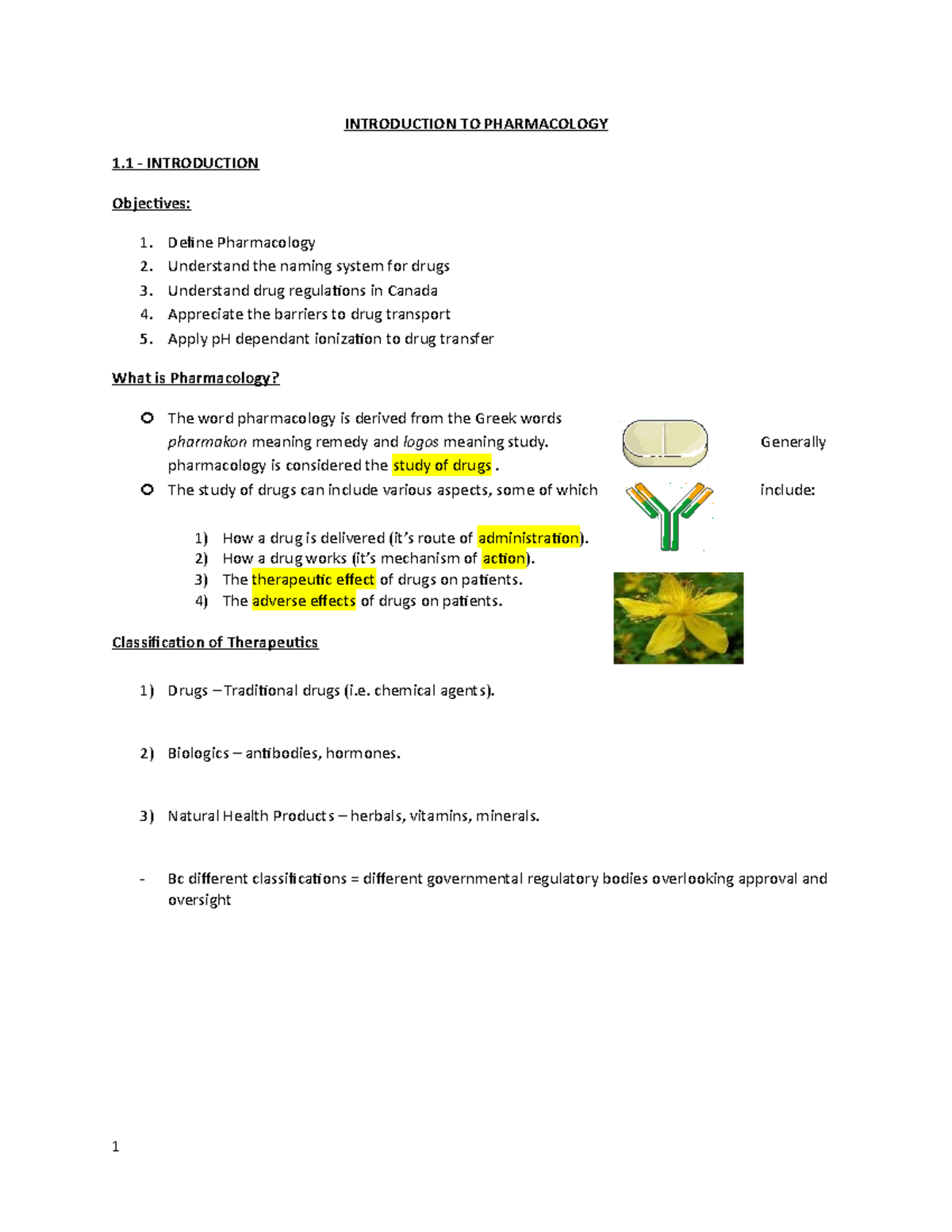 Module 1docx - Mod. 1 notes - INTRODUCTION TO PHARMACOLOGY 1 ...