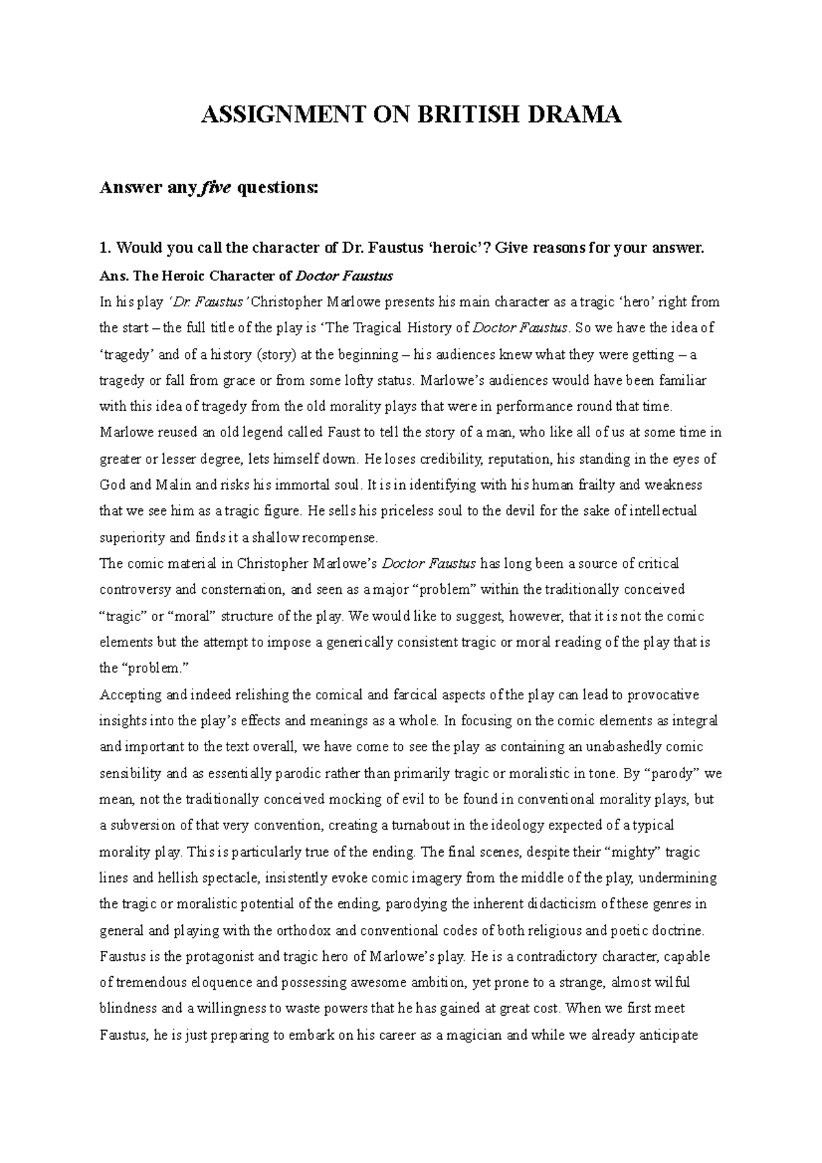 Assignm On British Drama Studocu