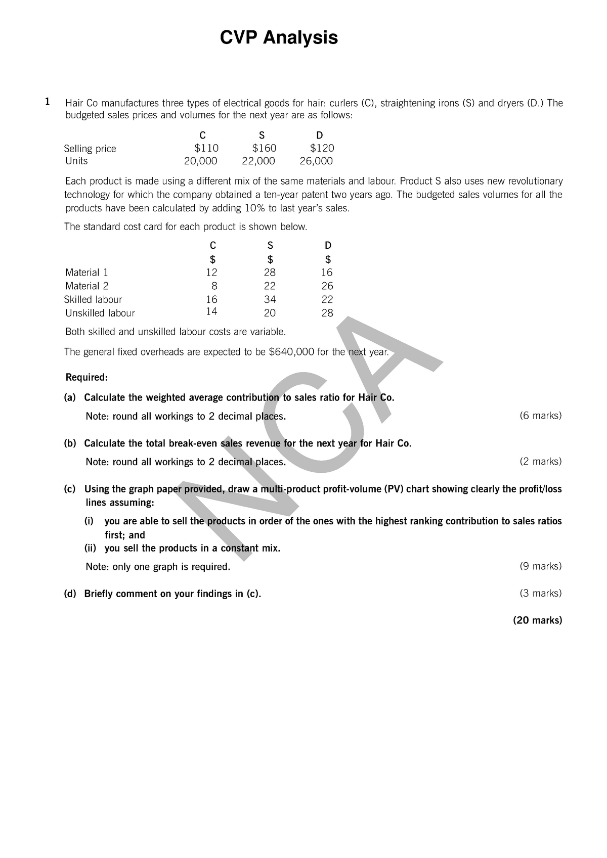 Exam 2019, questions and answers - CVP Analysis Hair Co manufactures ...