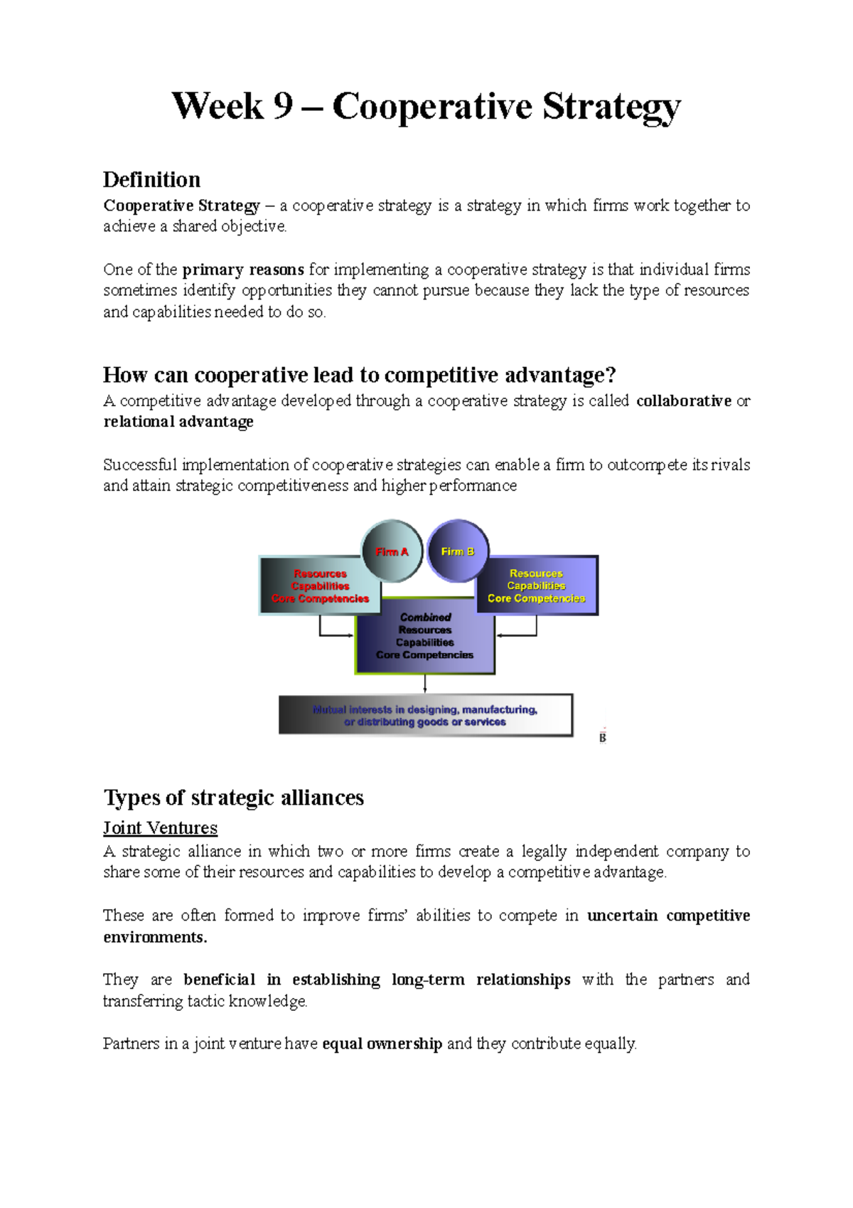 Week 9 - lecture notes - Week 9 – Cooperative Strategy Definition ...