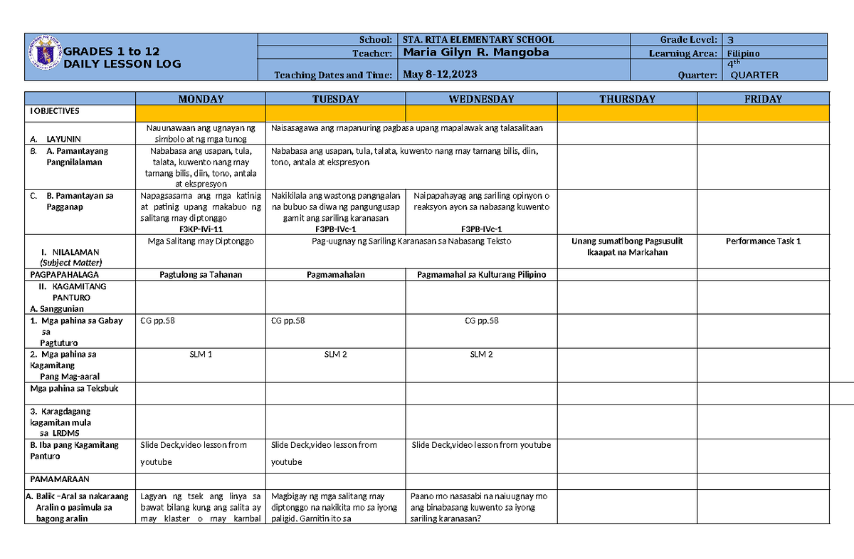 FIL-3 Q4 W2-DLL - lesson plan - GRADES 1 to 12 DAILY LESSON LOG School ...