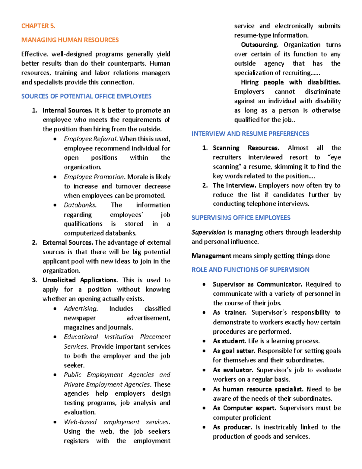 AOM Chapter 5 - Lecture notes 5 - CHAPTER 5. MANAGING HUMAN RESOURCES ...