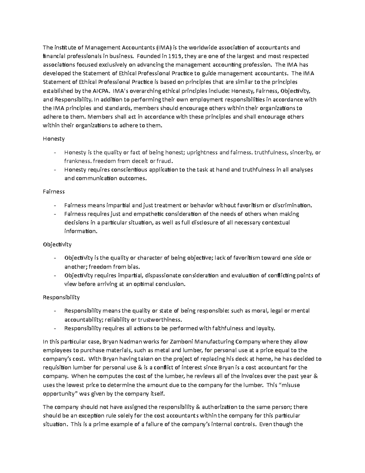Ch. 3 IMA Ethics Discussion - The institute of Management Accountants ...