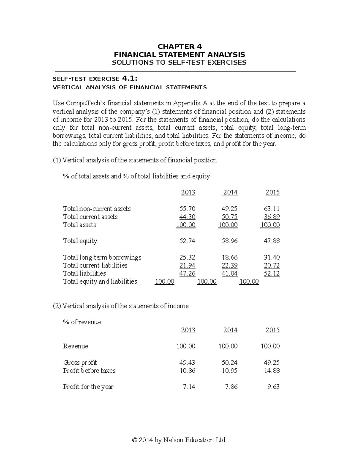 Bergeron 04Answers self-test - CHAPTER 4 FINANCIAL STATEMENT ANALYSIS ...