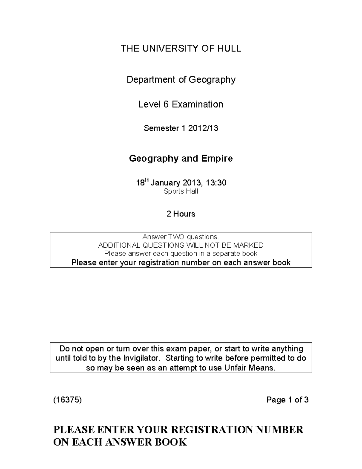 Geography and empire Exam 2013 THE UNIVERSITY OF HULL Department of
