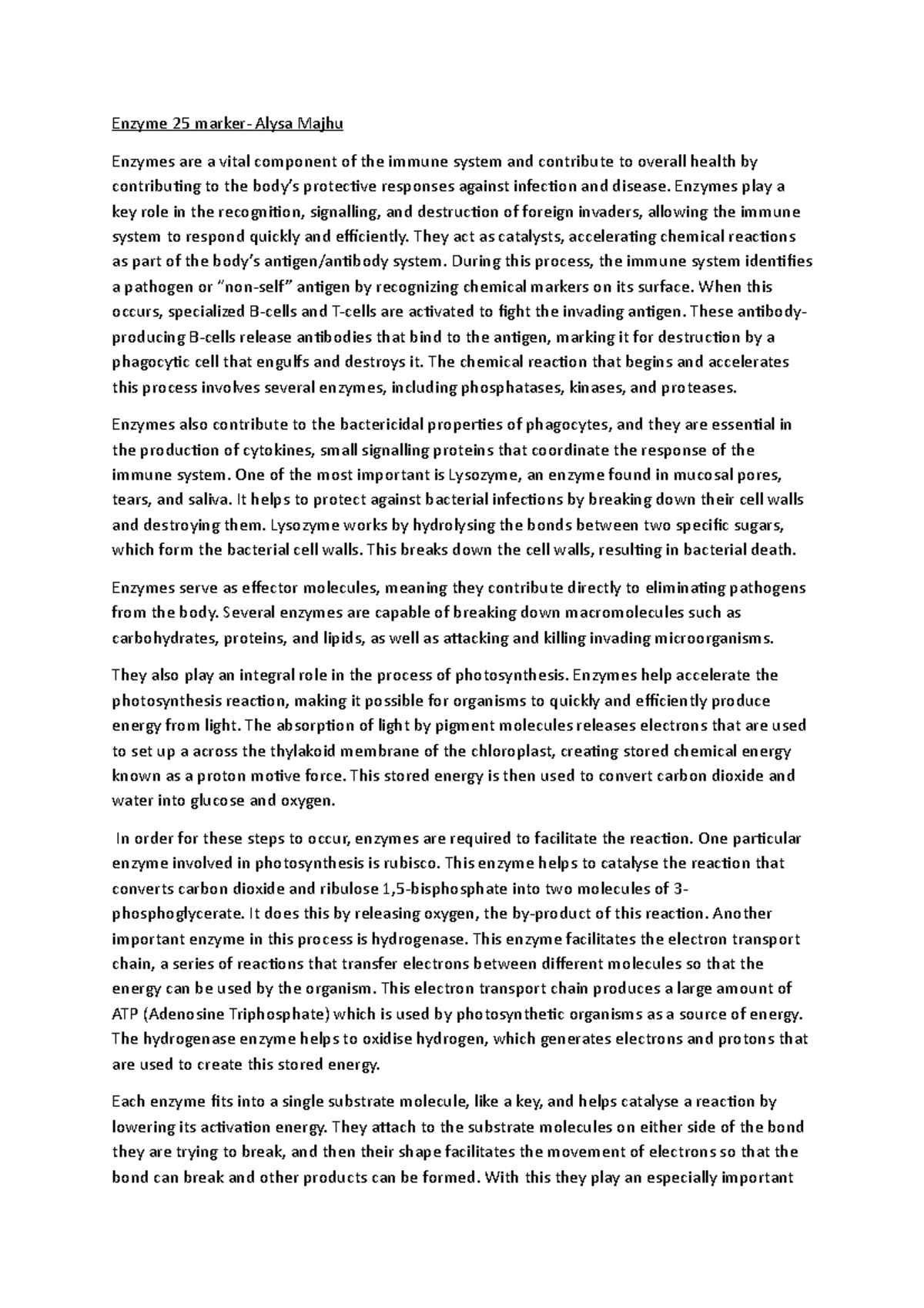 25 enzyme essay - jyt - Enzyme 25 marker- Alysa Majhu Enzymes are a ...