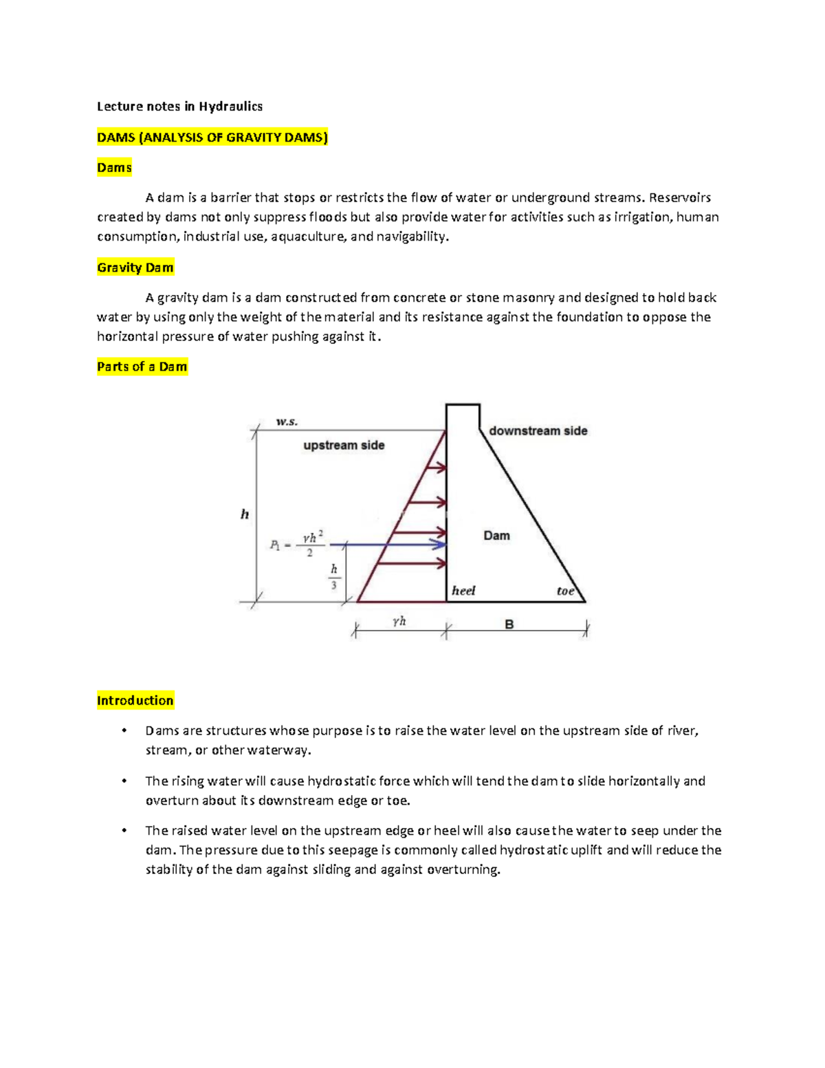 DAMS Analysis OF Gravity DAMS Lecture Notes In Hydraulics DAMS 