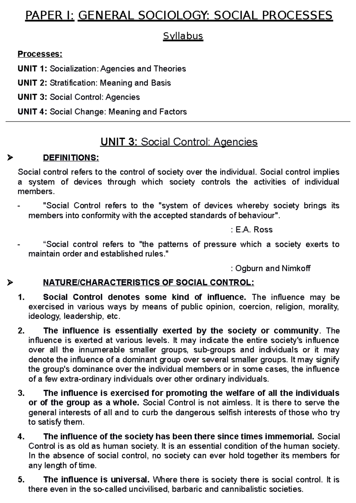 Social Control Notes PAPER I GENERAL SOCIOLOGY SOCIAL PROCESSES Syllabus Processes UNIT 1 