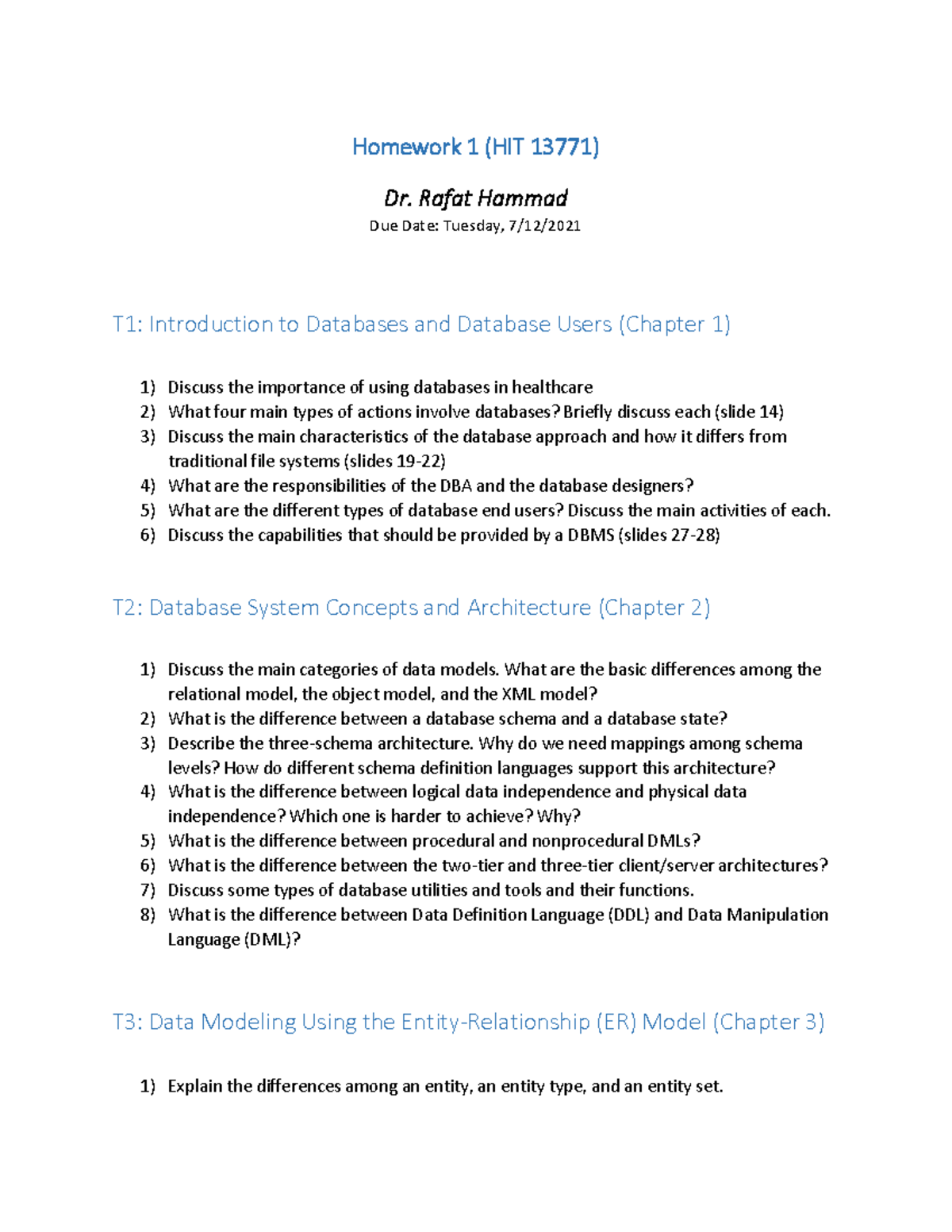 DBMS Homework 1 - ABOUT DATA - Homework 1 (HIT 13771) Dr. Rafat Hammad ...