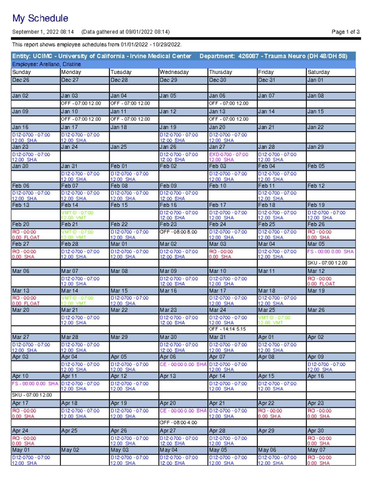 My Schedule - misc - Entity: UCIMC - University of California - Irvine