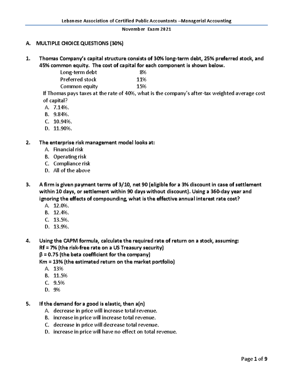 Managerial exam november 2021 english - November Exam 2021 A. MULTIPLE ...