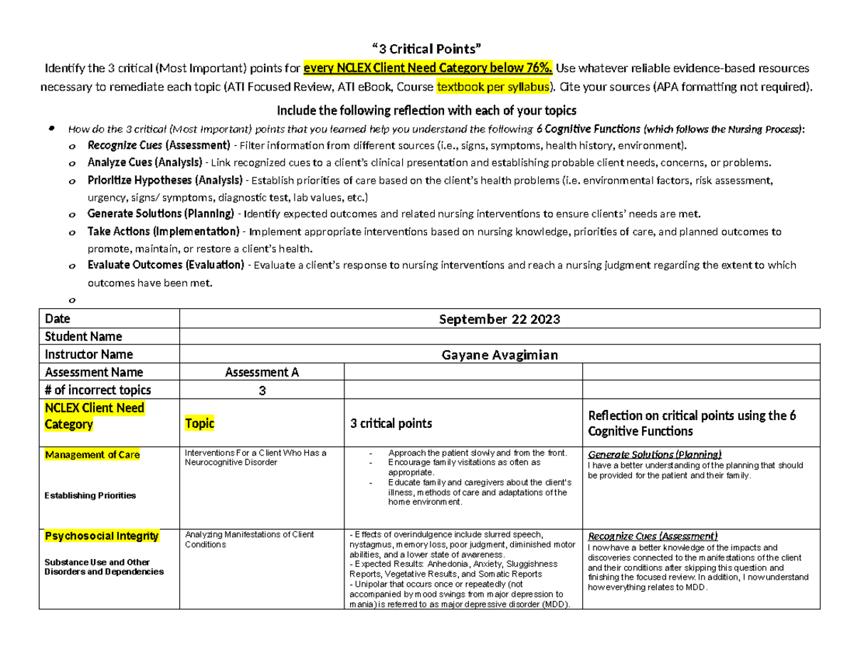 Remediation A123 - “3 Critical Points” Identify the 3 critical (Most ...
