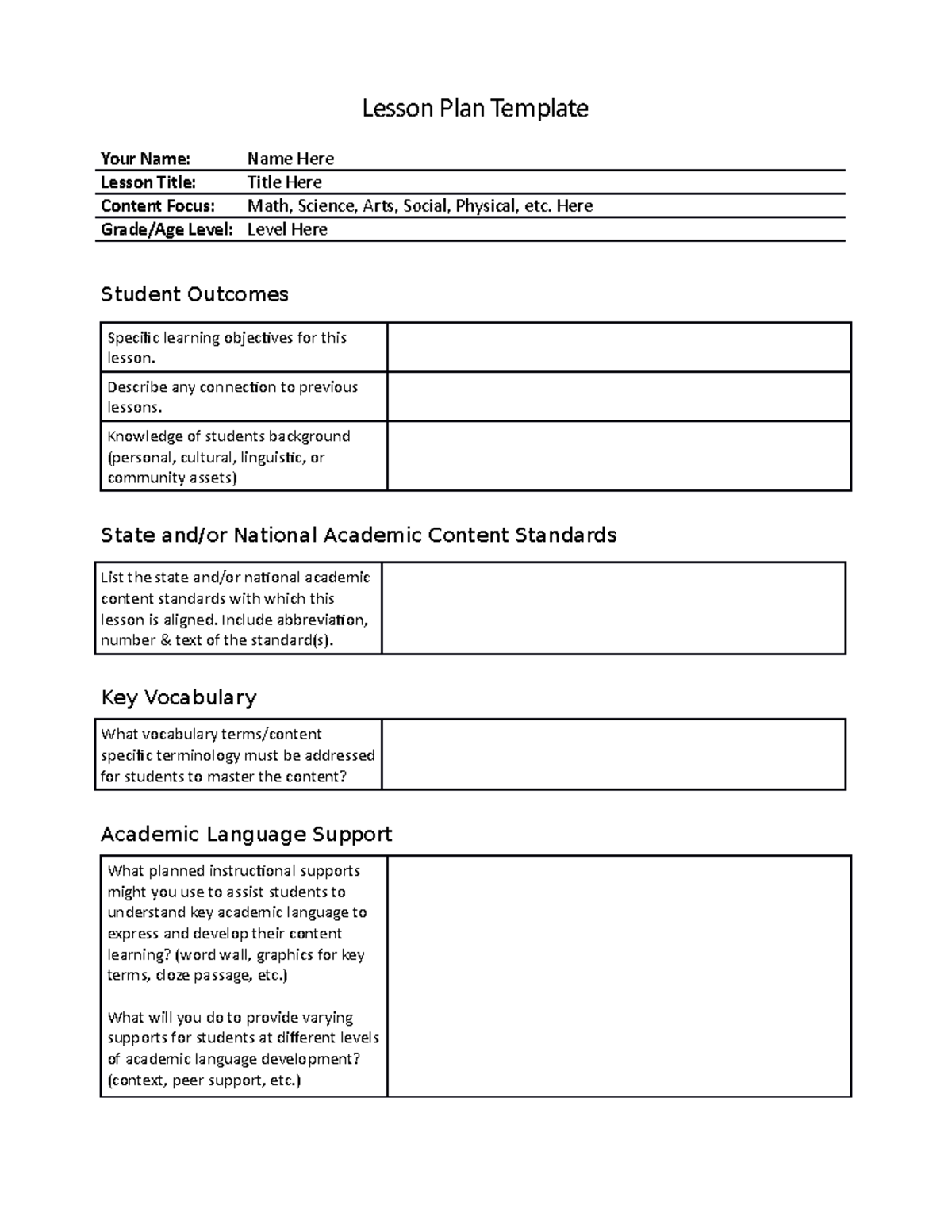 K12 Lesson Plan Template - Lesson Plan Template Your Name: Name Here ...