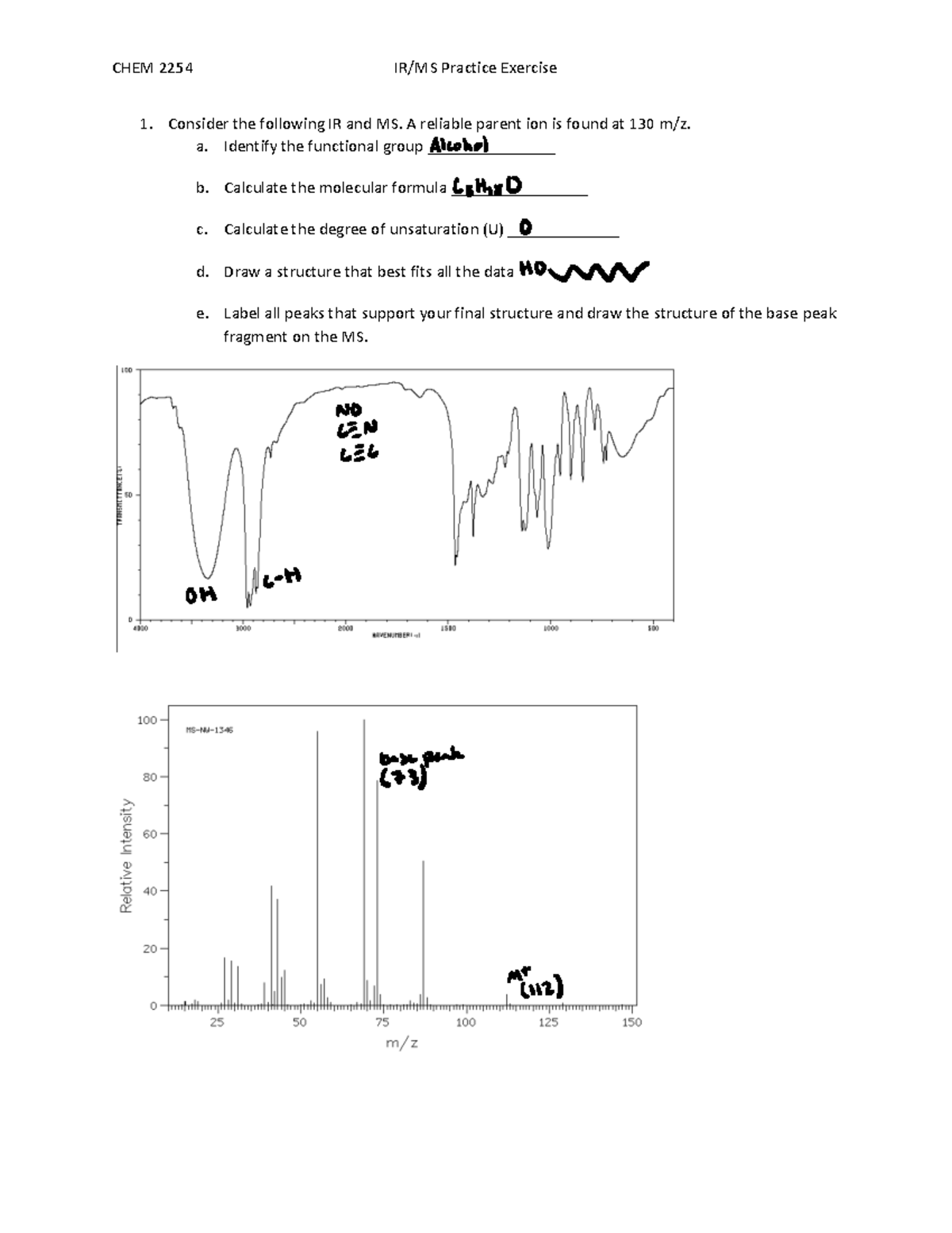 CHEM2254 IR MSassignment CHEM 2254 IR/MS Practice Exercise 1