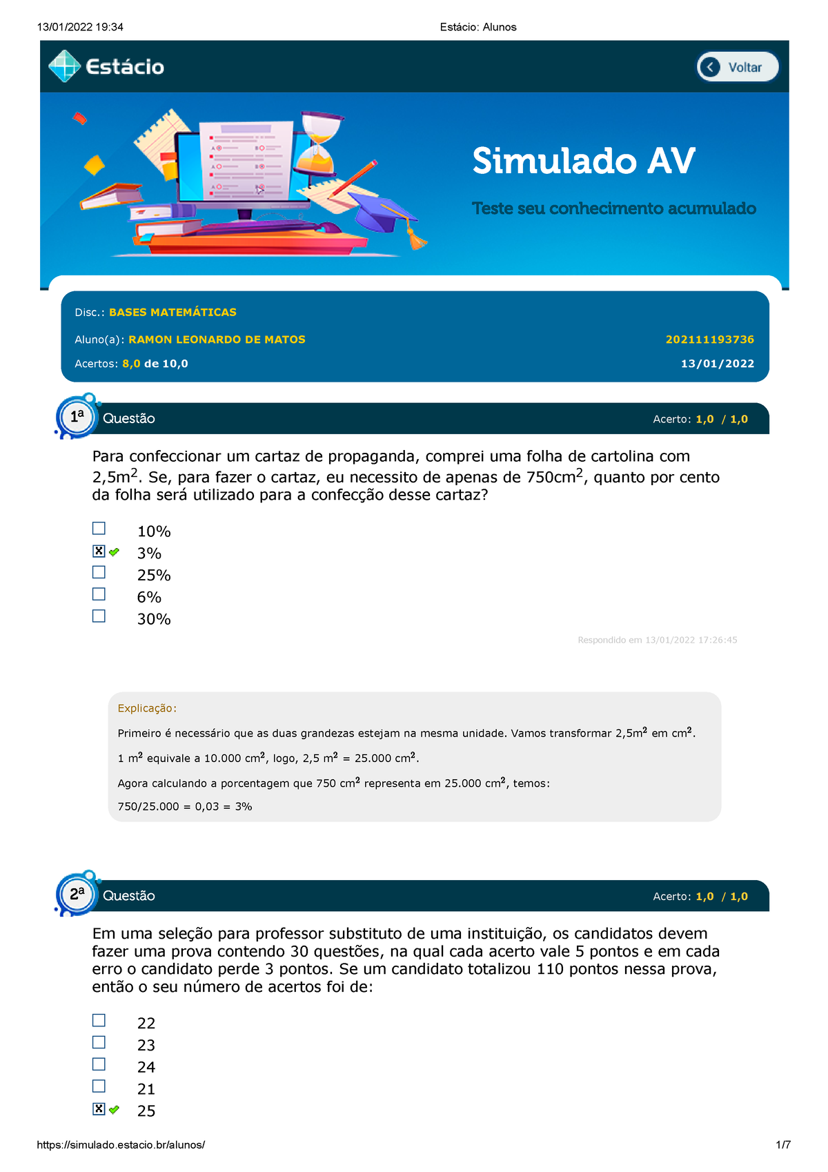 Avaliacao 1 Bases DE Matemática - Simulado AV Teste Seu Conhecimento ...