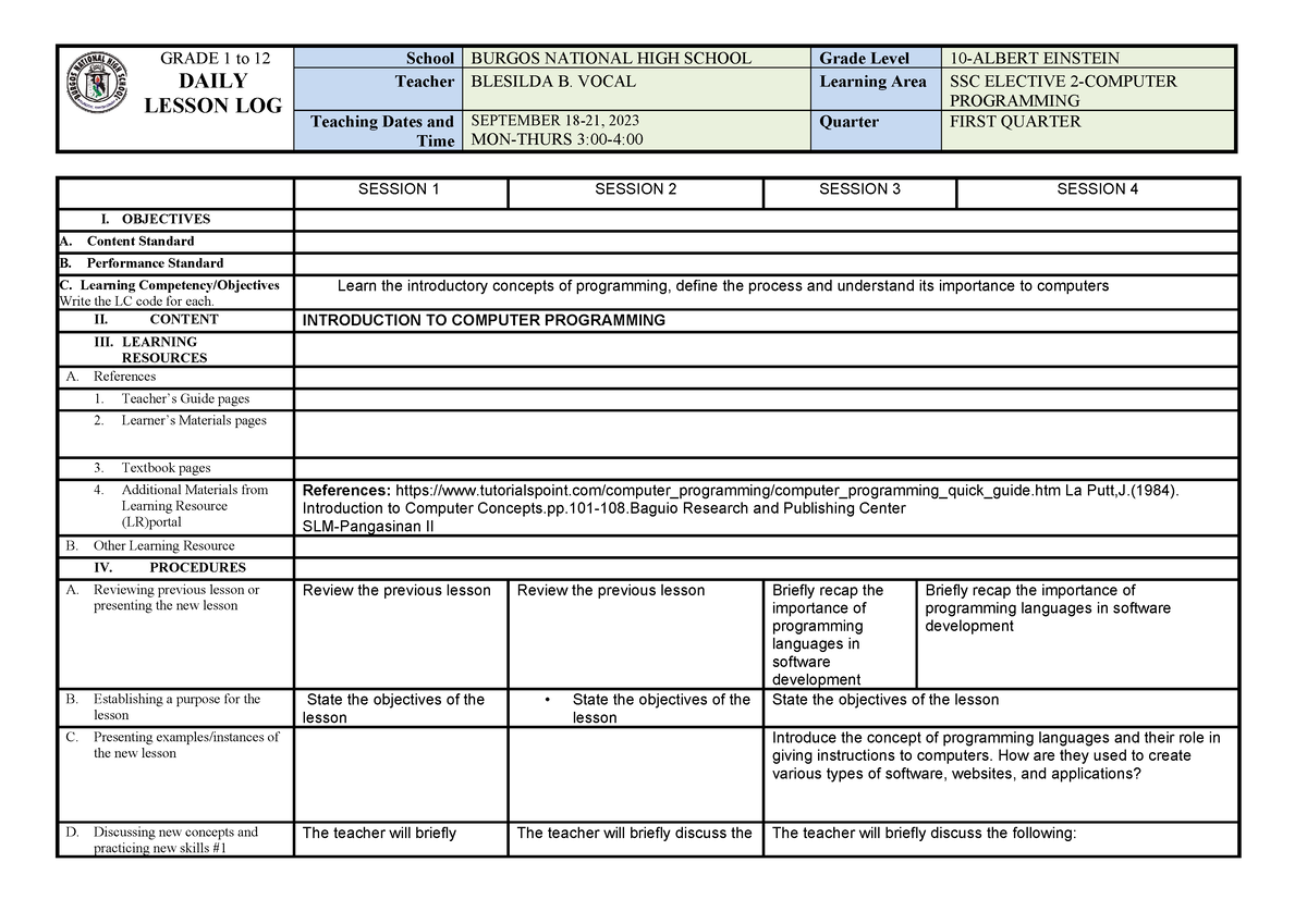 Cp Dll Week4 - Sample Daily Lesson Log In Ict - Grade 1 To 12 Daily 