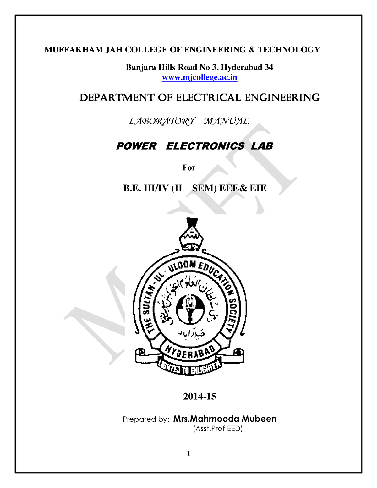 III EIE II SEM PE LAB Manual 10 - MUFFAKHAM JAH COLLEGE OF ENGINEERING ...