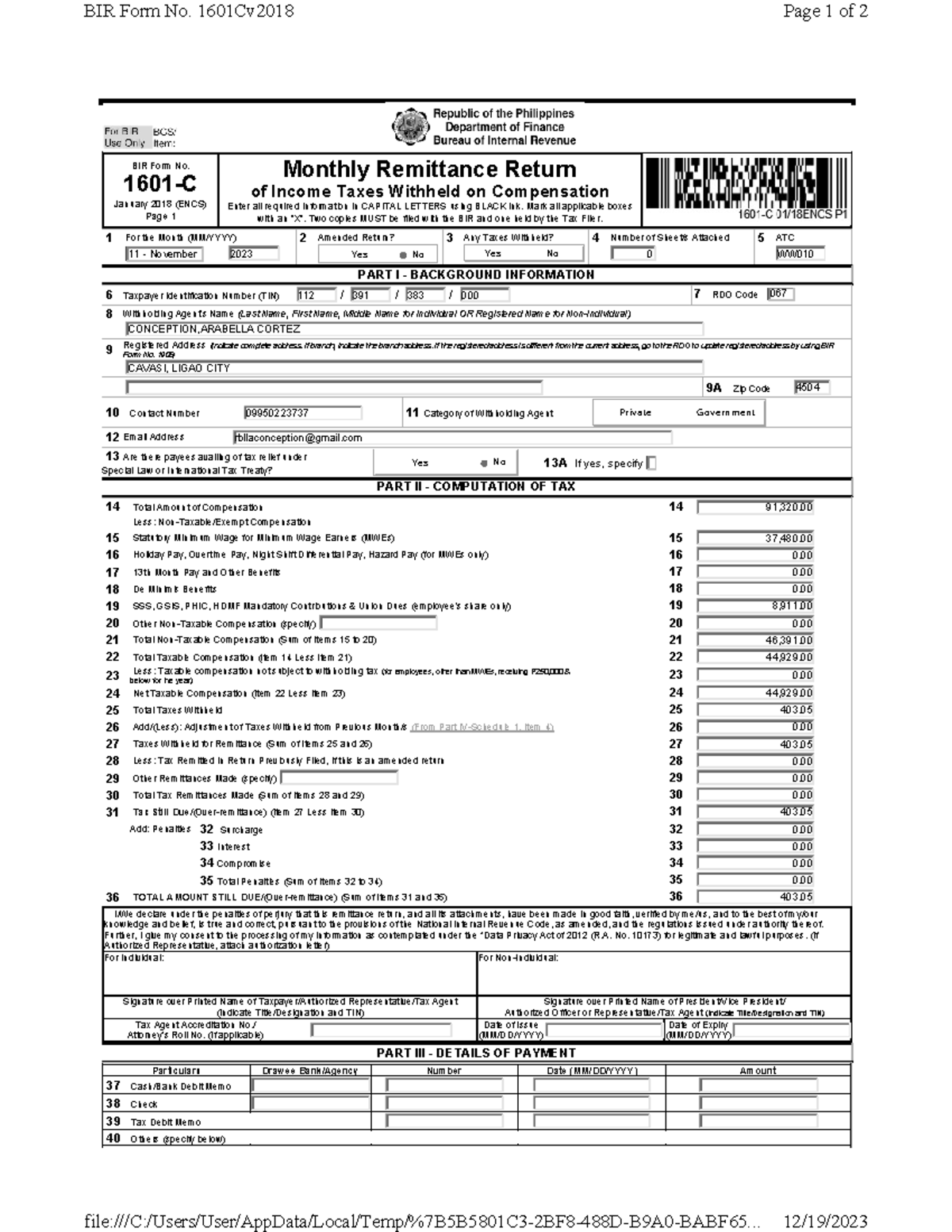 Conception-bir - it is about finance - BIR Form No. 1601 - C January ...