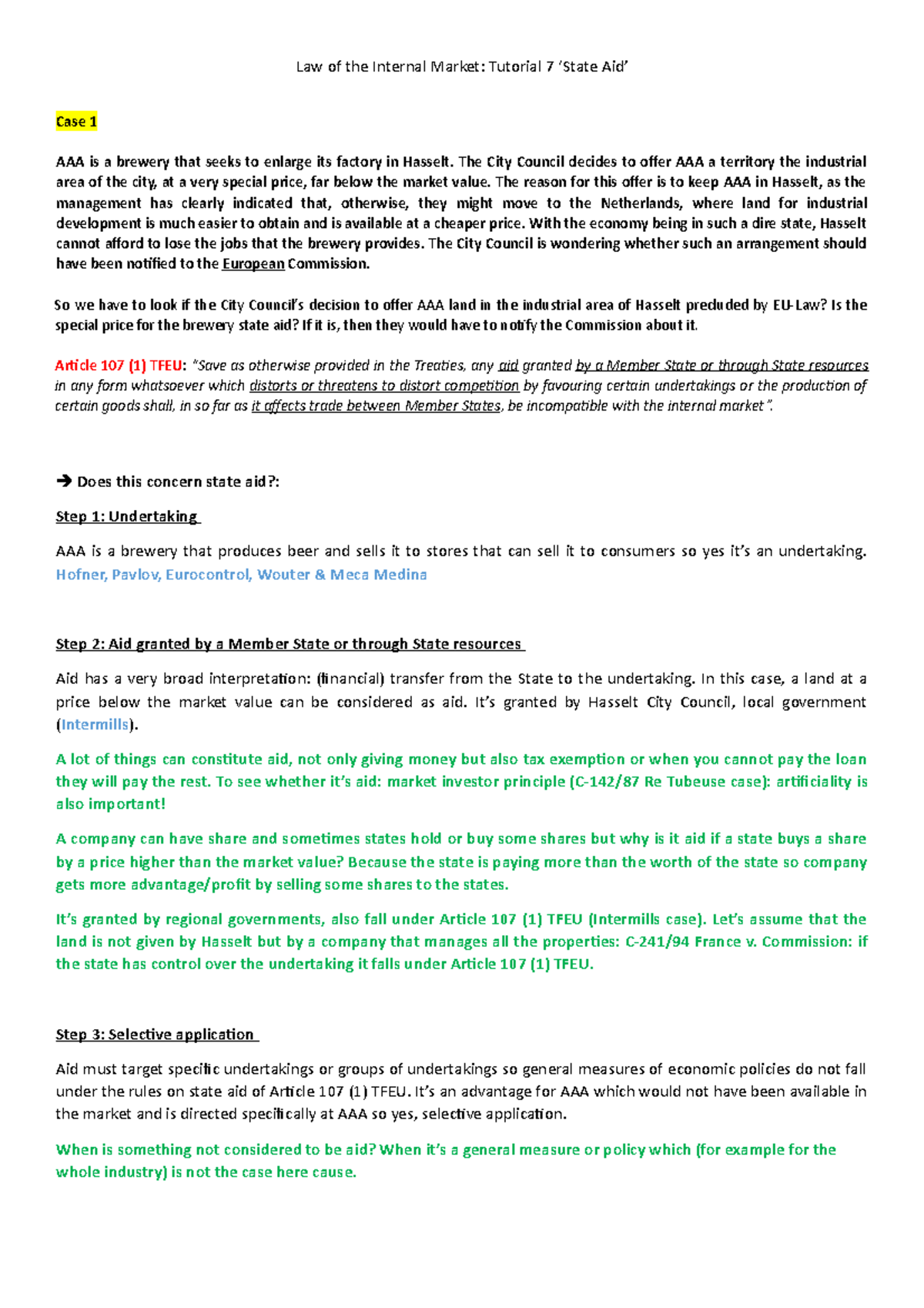 Tutorial 7 State Aid Law of the Internal Market UHasselt Studocu