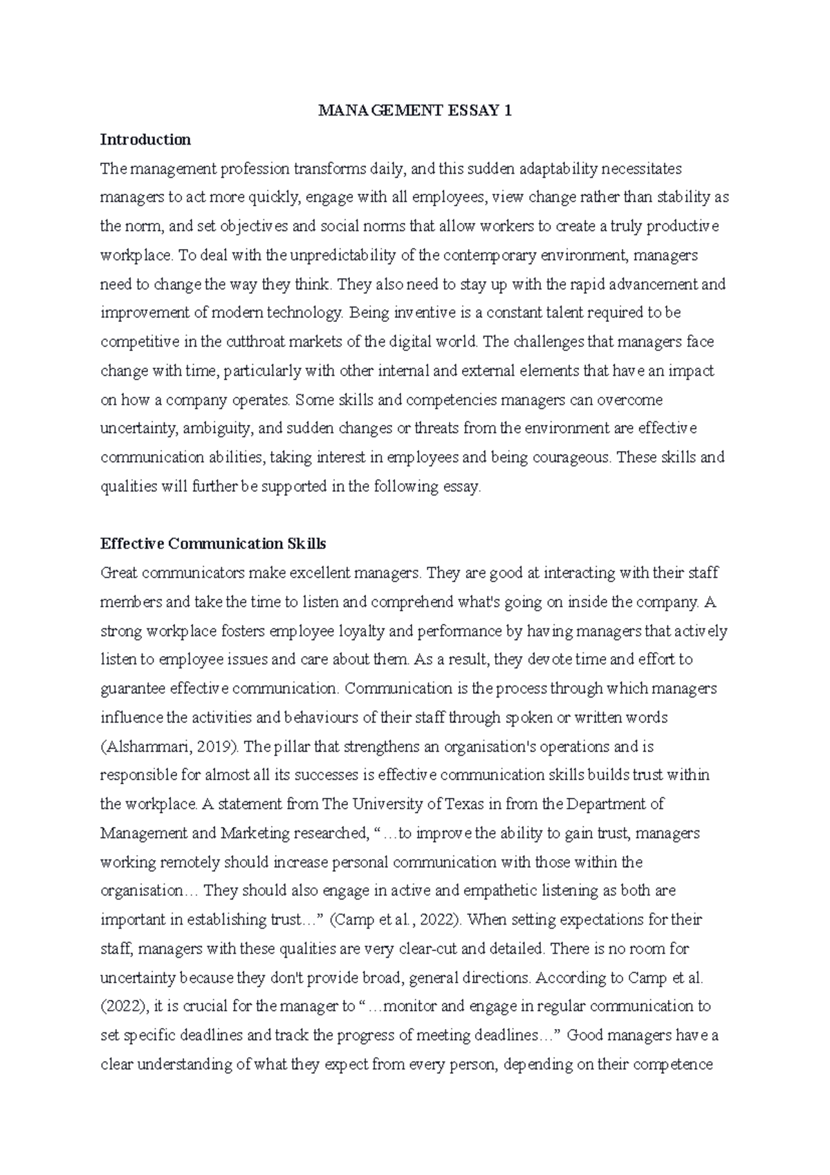 Management essay - Manager's adaptability to changes - MANAGEMENT ESSAY ...