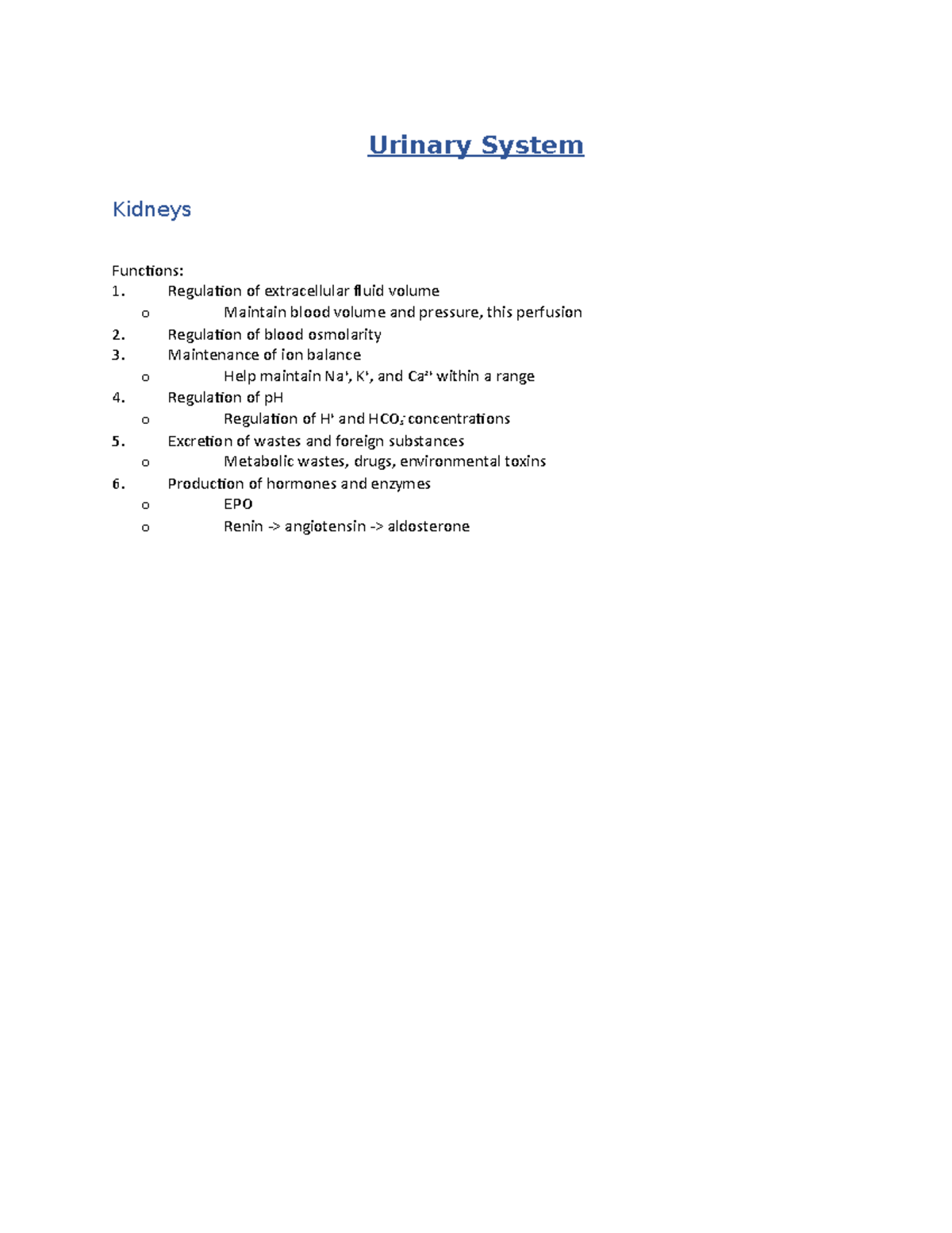 8. Urinary System - Lecture Notes 8 - Urinary System Kidneys Functions ...