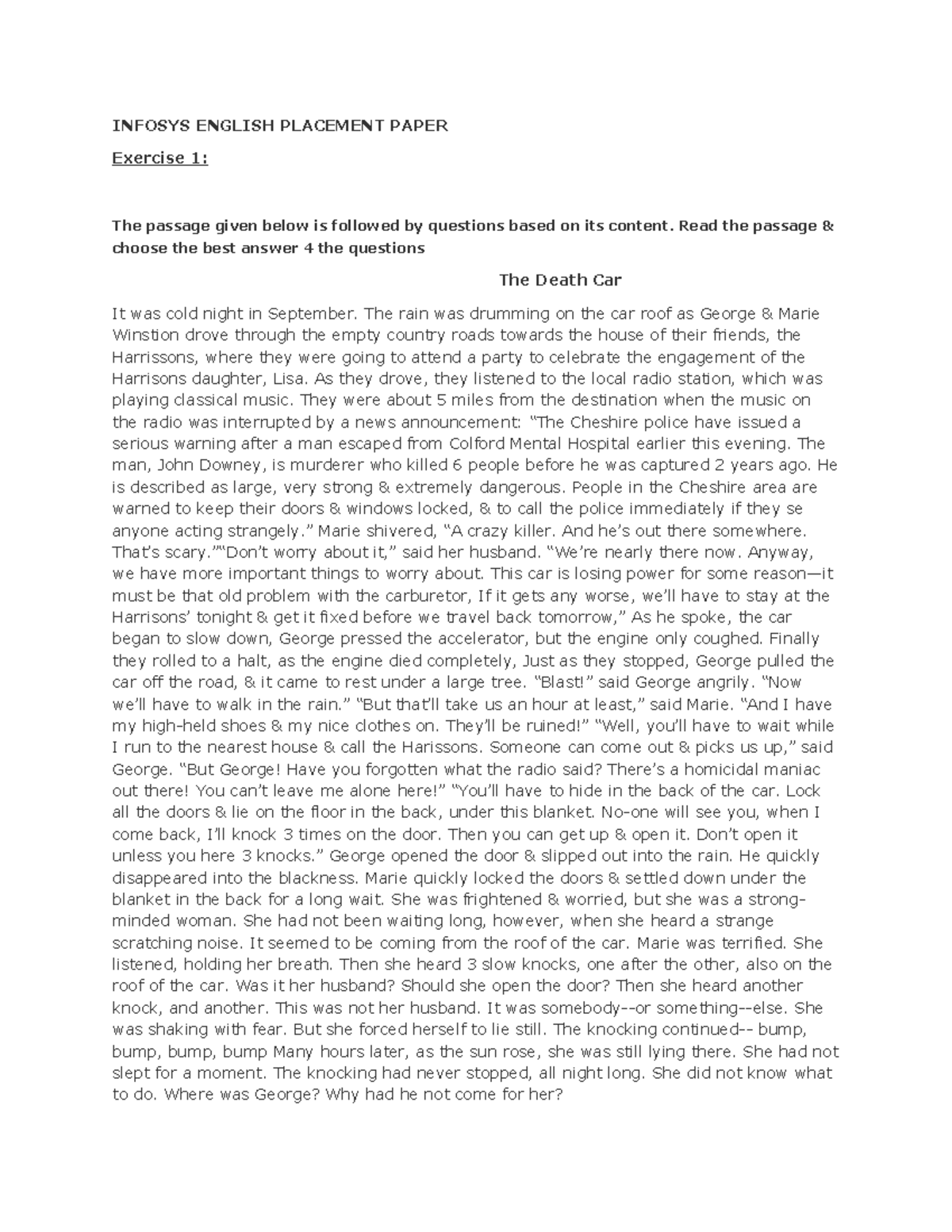 Infosys English Placement Paper INFOSYS ENGLISH PLACEMENT PAPER