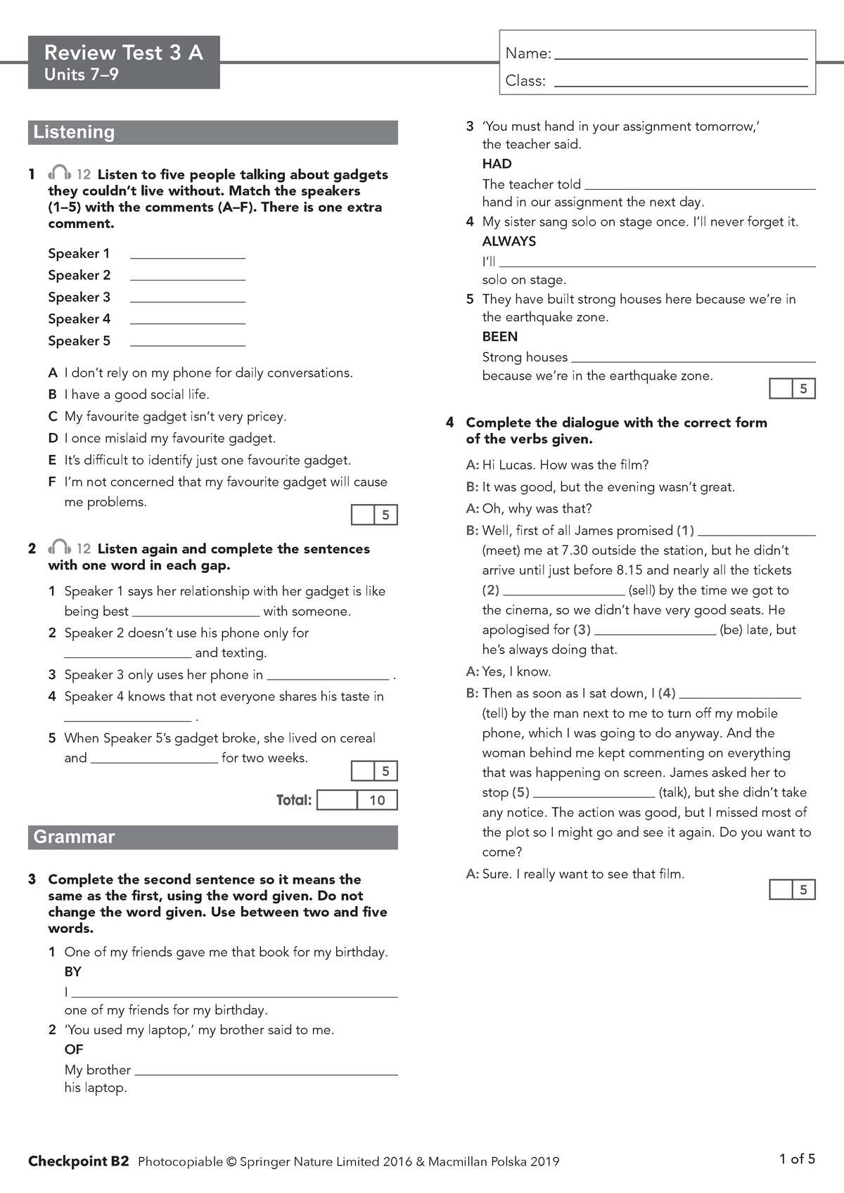 Checkpoint B2 Review Test 3 A - Review Test 3 A Units 7– Class ...