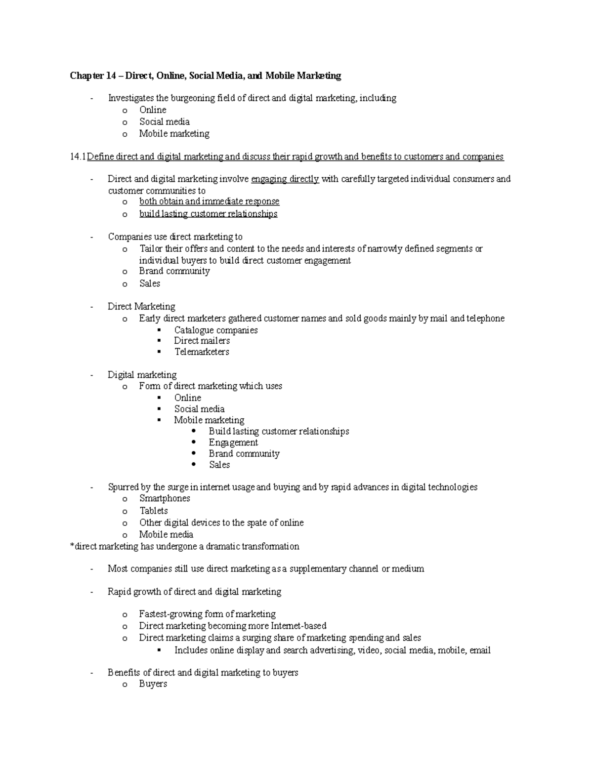 Chapter 14 - Notes - Chapter 14 – Direct, Online, Social Media, and ...