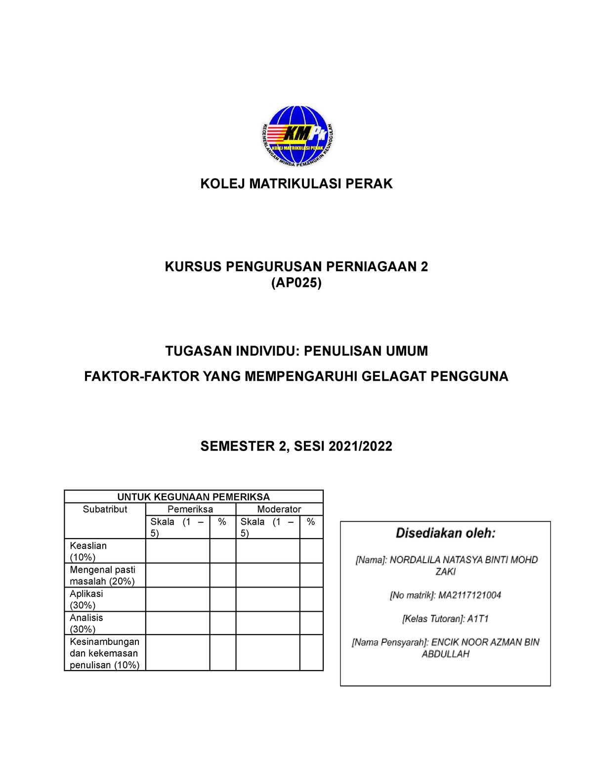 contoh assignment perniagaan matrikulasi