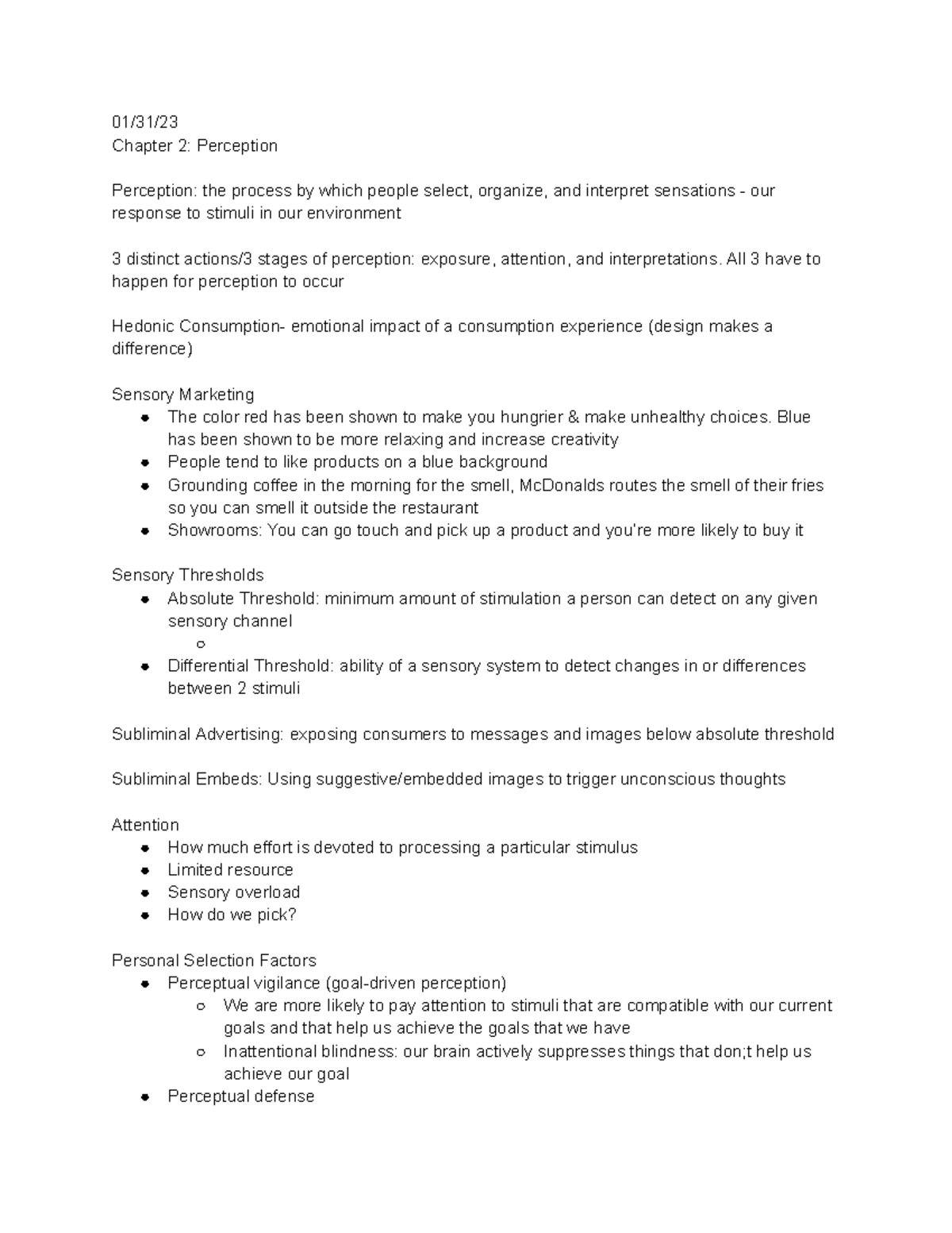 MKT 3411 Chapter 2 Notes - 01/31/ Chapter 2: Perception Perception: the ...